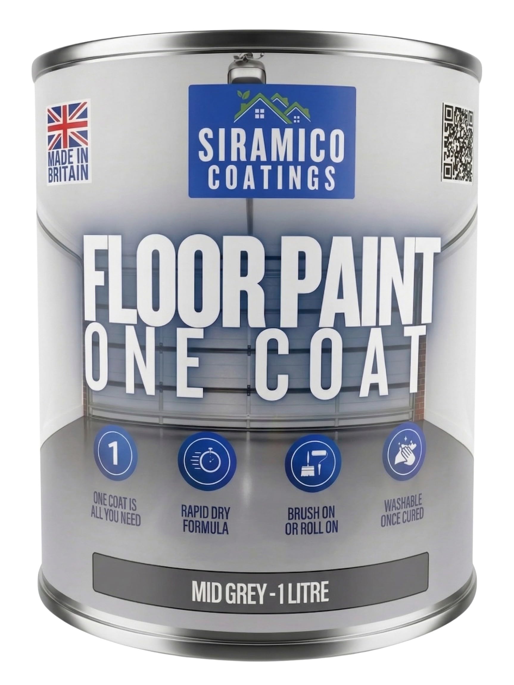 Siramico Coatings Mid Grey One Coat Anti-Slip Floor Paint | 1 Litres | 5 Modern Colours I Waterbased, Quick Drying Formula | White, Black, Greys (, 1 Liter)