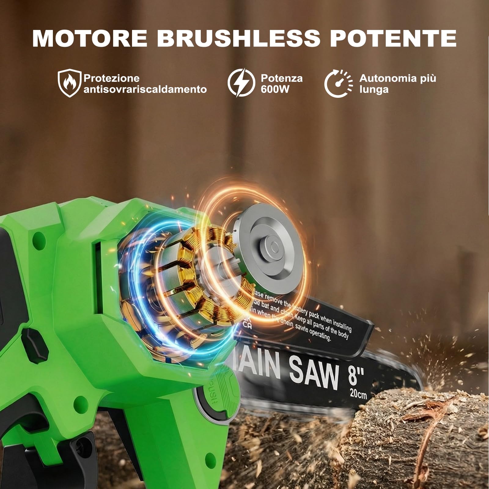 8 Pollici Mini Motosega con 2 Batterie e Caricatore, Sega a Batteria per Potatura Senza Fili, Brushless Motosega con Lubrificazione Automatica, Motosega Elettrica Potatura di Legno/Alberi