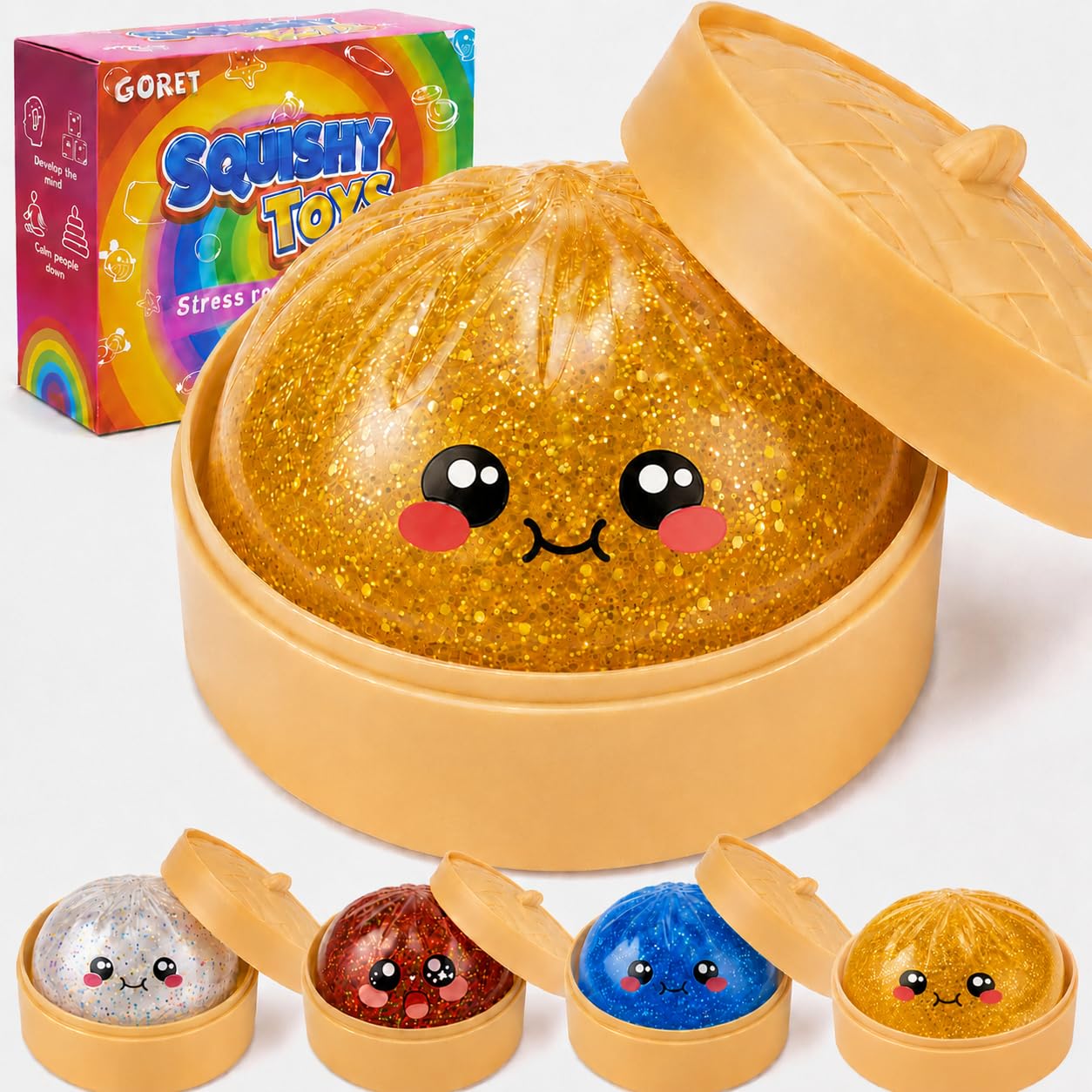 Glitter Squishy Toy,Fidget Sensory Toys, Stress Ball for Anxiety Relief, Kawaii Squeeze Toy for Teens & Adults, Desk Toy, Party Favors, Classroom Prizes,Squishys with Steamer (Gold)