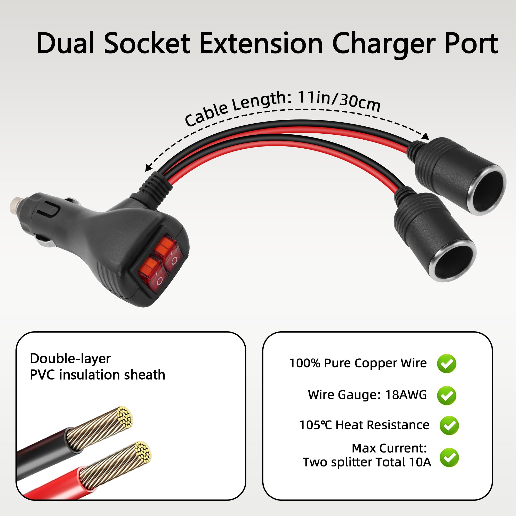 GELRHONR Splitter per accendisigari da 1 a 2 auto con interruttori 12 V