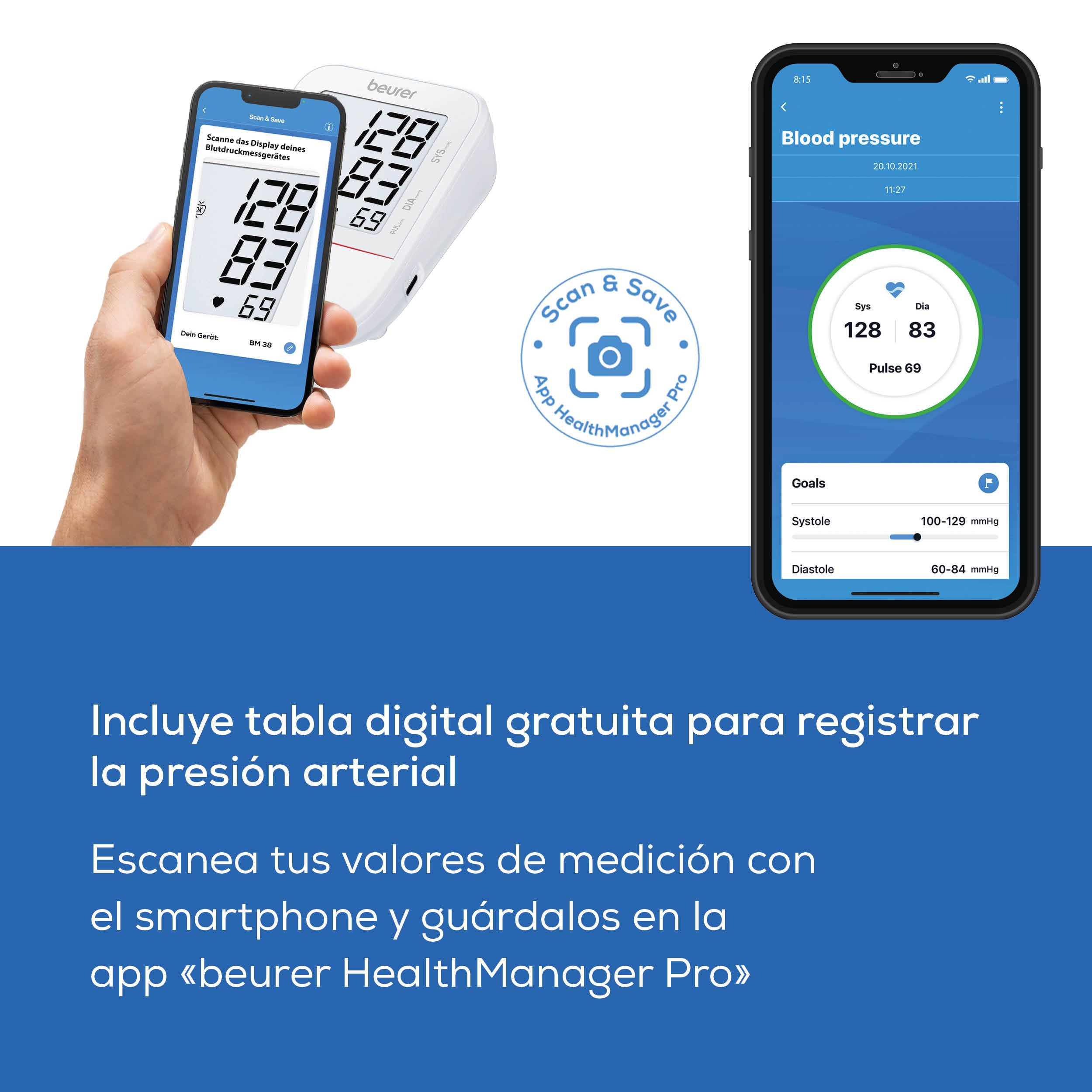 Beurer BM 38 Tensiómetro de brazo, manejo sencillo con un solo botón, medición precisa, detección de arritmias, pantalla XL, brazalete de 22-42 cm, Transferencia de datos a Apple Health