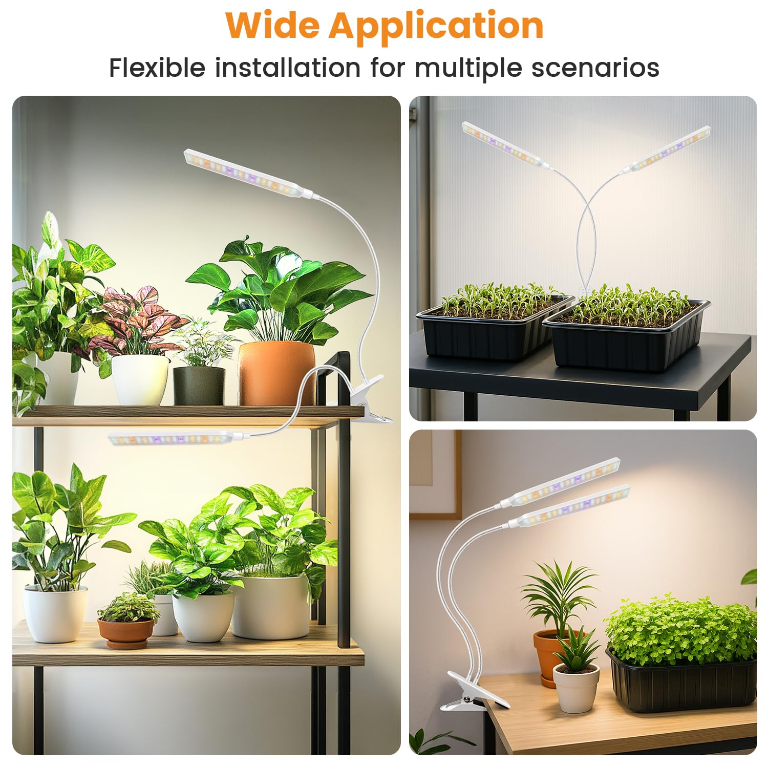 Kullinss Lampe de croissance blanche à 2 têtes à clipser pour plantes d'intérieur avec minuterie de 6/12/16 h, 3 modes de couleur, 5 niveaux à intensité variable, 114 LED à spectre complet pour