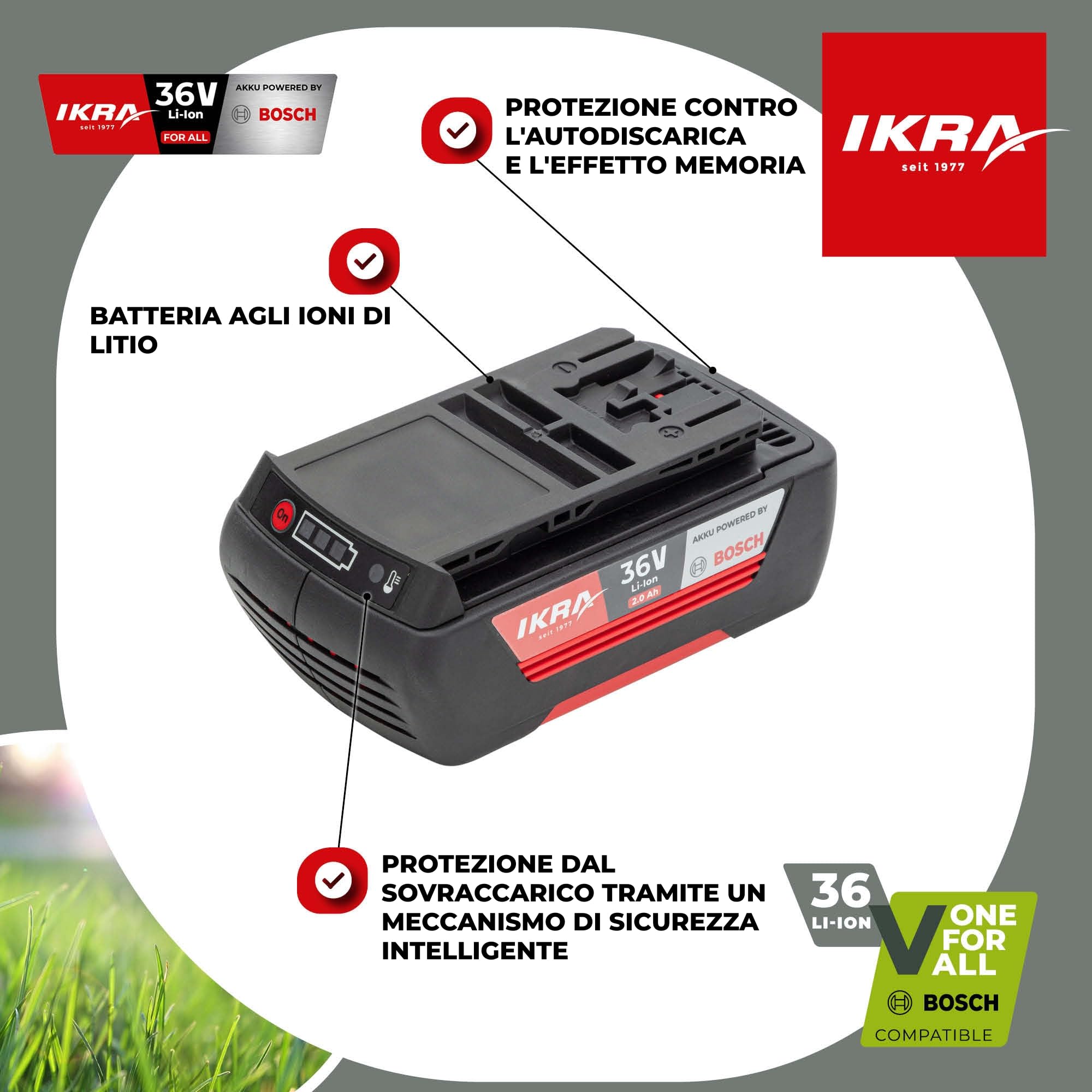 IKRA batteria ricaricabile 36V 2,0Ah Li-Ion tipo LI 28, Powered by BOSCH, Made in Europe, compatibile con tutti gli apparecchi Bosch 36V