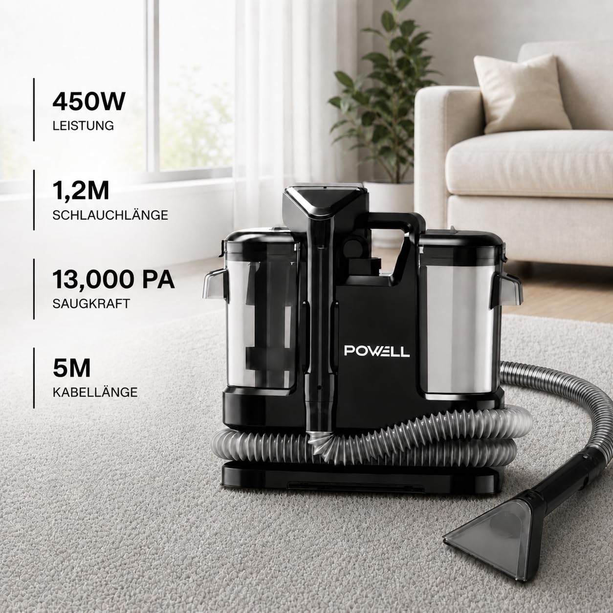 Powell Tragbarer Teppichreiniger & Fleckenentferner – 450-W-Sofa- & Fleckenreiniger für Teppiche, Möbel, Teppiche, Matratzen, Treppen & Autopolster | Leicht und schnell trocknend (Schwarz)