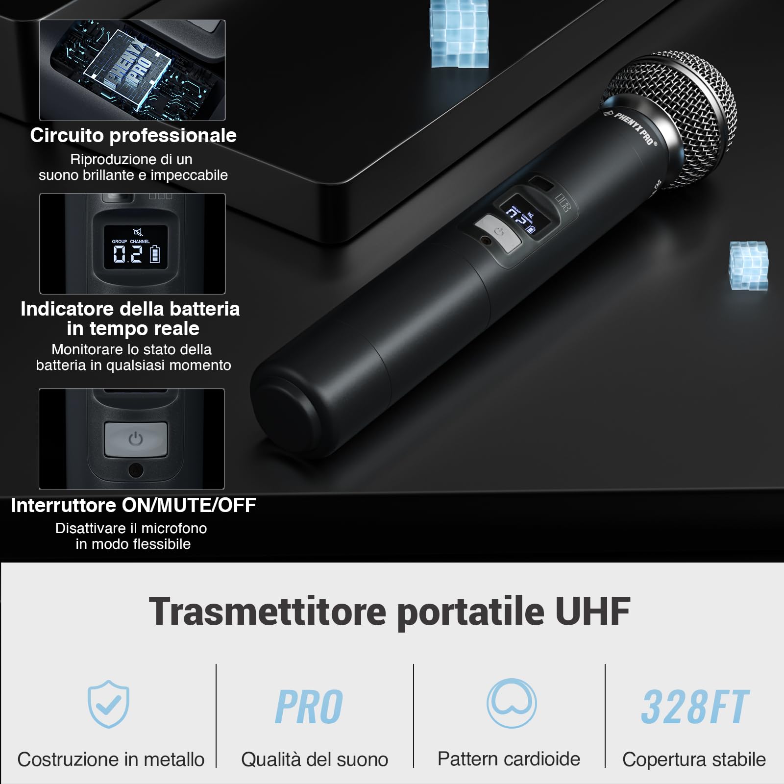 Phenyx Pro Sistema microfono wireless, doppio microfoni wireless professionali con 2 palmari, scansione automatica, 2x100 frequenze UHF, portata di 328 piedi per karaoke, canto, chiesa (PTU-71-2H)