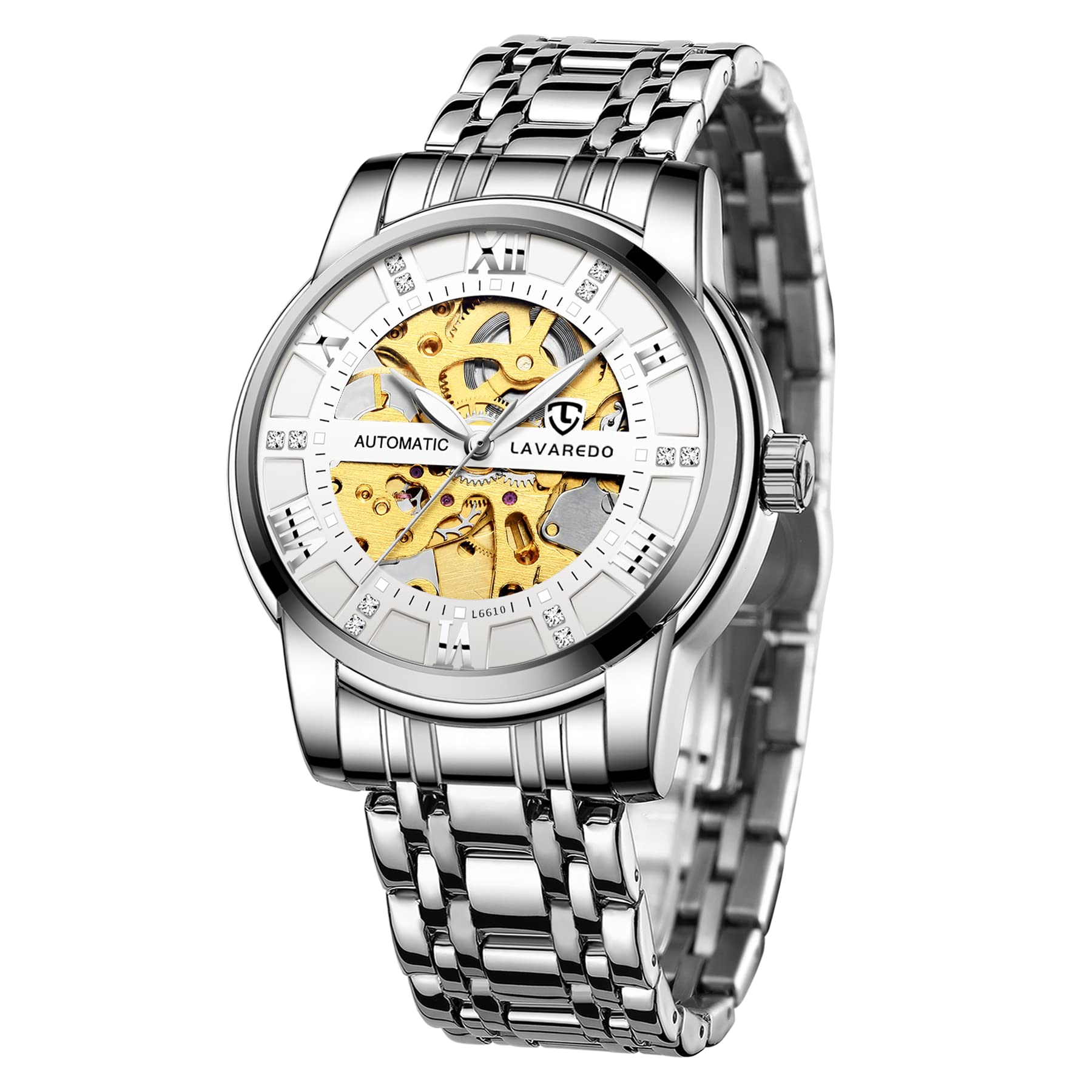 A ALPSMens Watch Skeleton Luxury Mechanical Stainless Steel Waterproof Black Automatic Self-Winding Roman Numerals Diamond Dial Wrist Watch