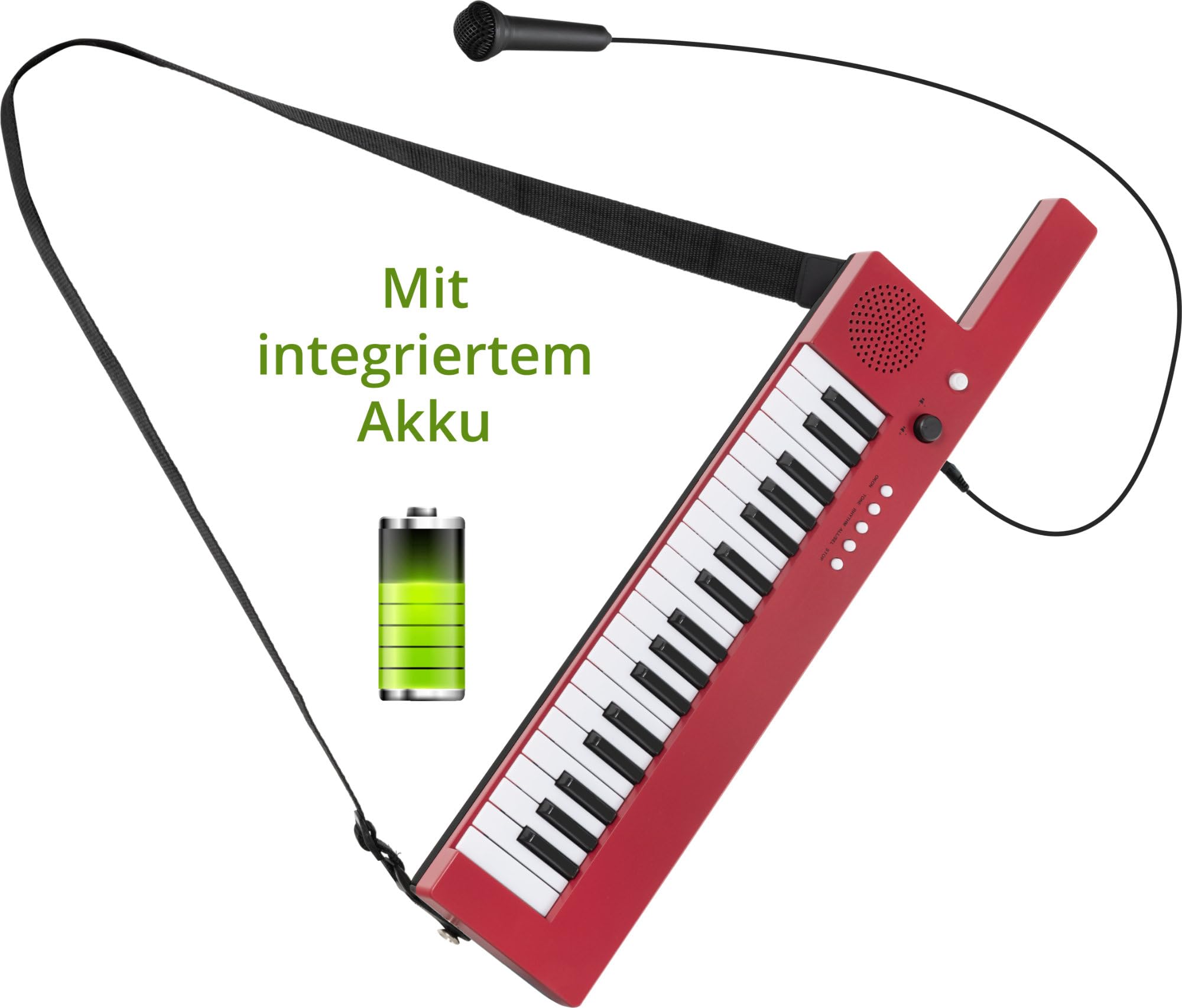McGrey KT-3712 Kinderkeyboard - 37 Tasten - Keytar inklusive Tragegurt und Mikrofon - Betrieb über Akku und USB-Netzteil möglich - 4 Klangfarben, 4 Begleitrhythmen und 10 Demosongs - Rot