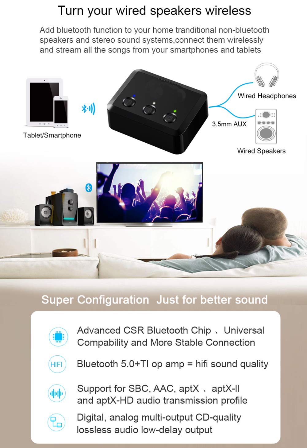 Transmisor De Audio Bluetooth 5.0, Soporte Inalámbrico 1 Arrastre 2, Adaptador De Audio Bluetooth Inalámbrico AUX RCA De 3,5 Mm para Estéreo Doméstico, para PC, Teléfono Inteligente, TV