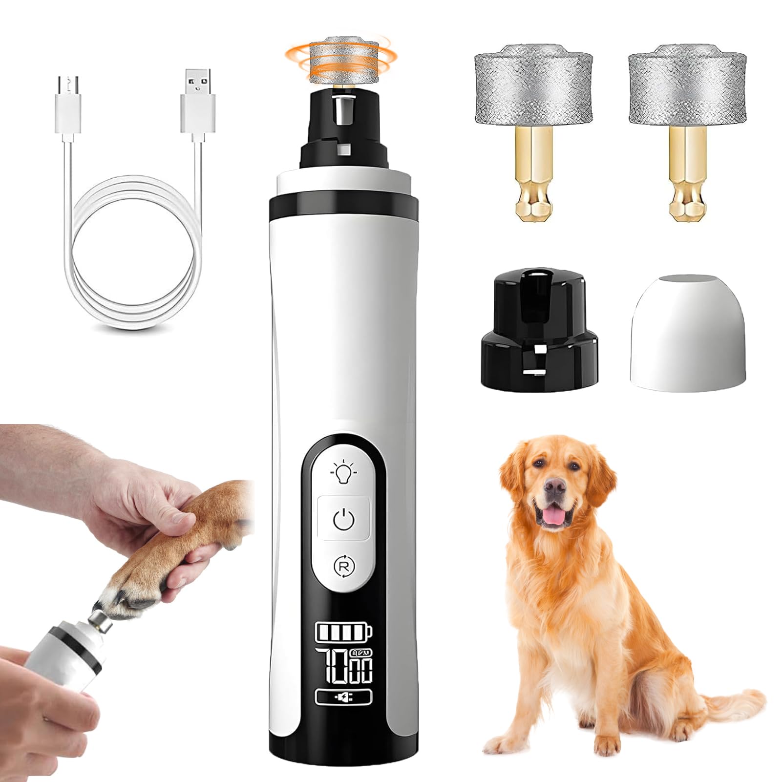 BEZHGOC Silent Groom Pro Nail Grinder, 3 Speed Dog Nail Grinders with Led Lights Rechargeable USB Pet Nail Trimmer with 2 Replacement Grinding Heads for Dogs, Cat