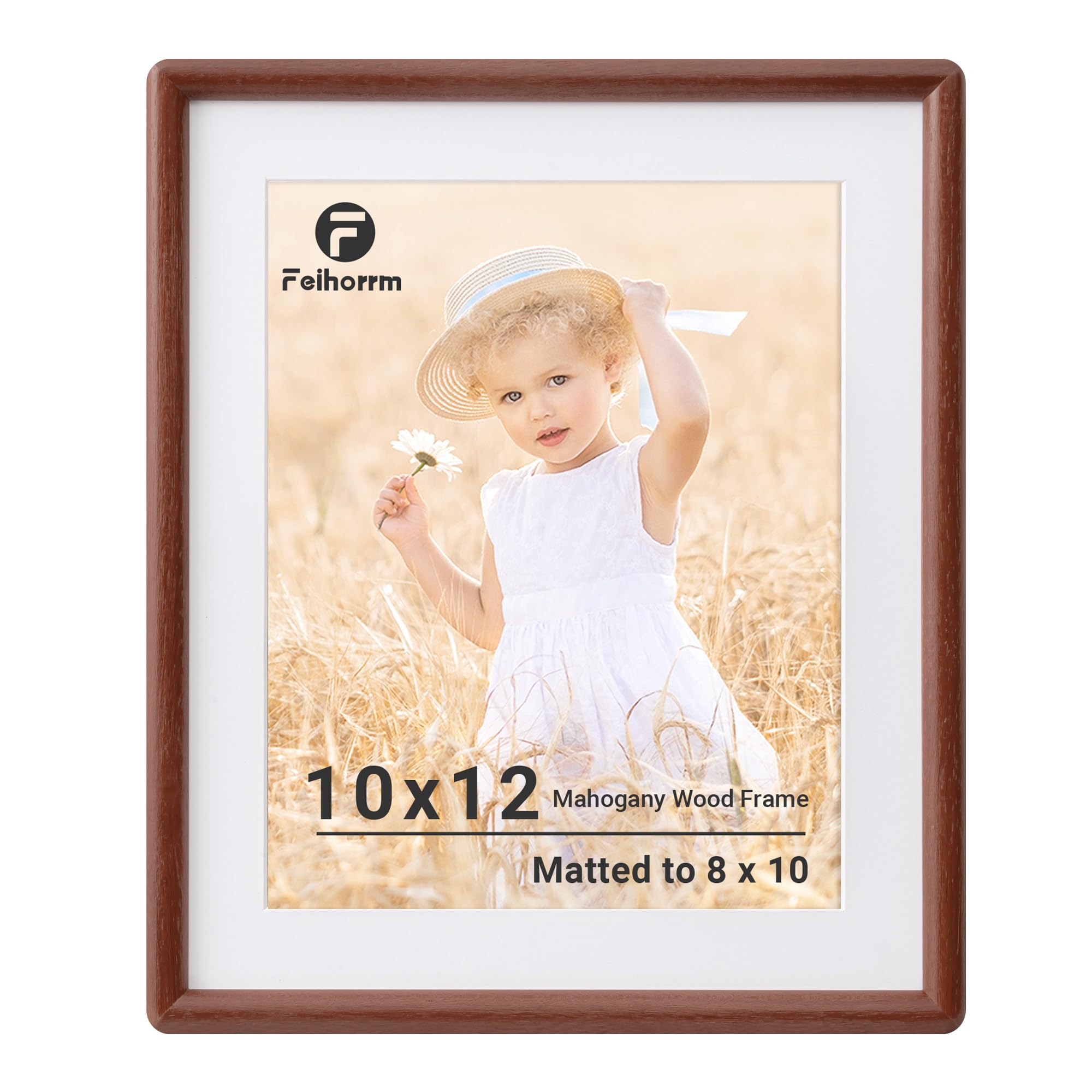 Feihorrm 12x10 Photo Frame, Mahogany Solid Wood Picture Frame, 12 x 10 inch Picture Frame, 10x12 Frame Matted to 8x10 Photos, Handcrafted Rounded Corners with HD Tempered Glass, Wall Mount Display
