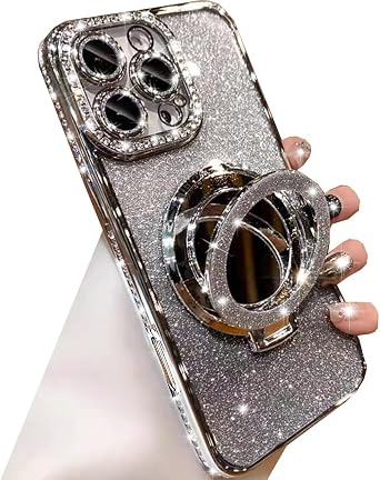 Changjia Magnetic Kickstand Glitter Case for iPhone 16 Pro Max,Bling Silver | [Compatible with Magsafe] Cute Bling Sparkly Rhinestones Case with Camera Protector&Makeup Mirror Phone Cover for Women Girls