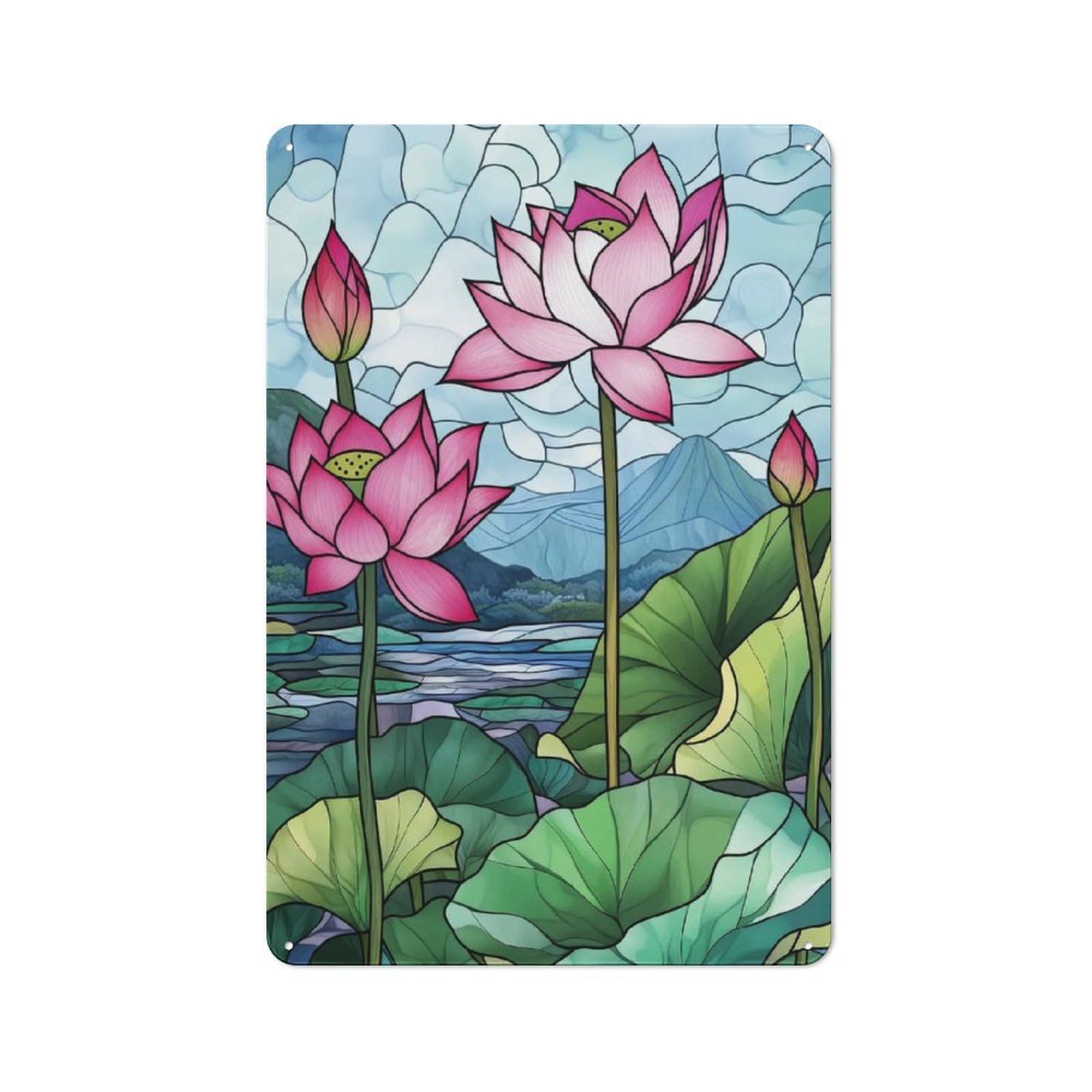 Junmoney Style-22 Tin Wall Plaque 30X20cm With Lotus Flowers In Stained Glass For Hallway Wall, A Decorative Metal Sign For Hallways And Entrance Areas