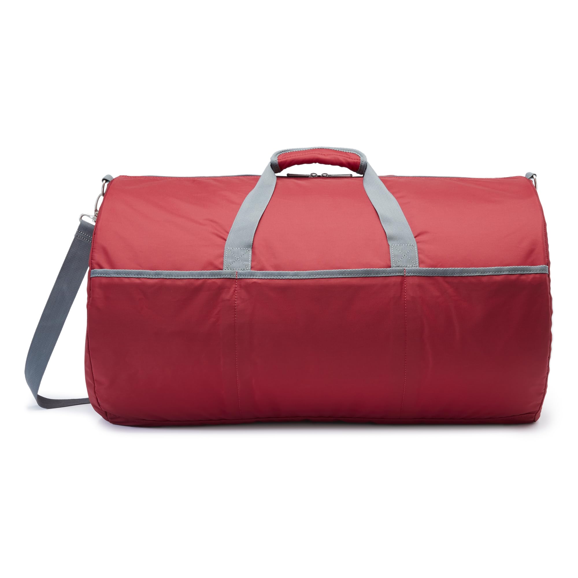 Amazon Essentials - Borsone Pieghevole in Nylon Lungo 63,5cm, Ideale per Viaggi o Riporre Oggetti, Tasche con zip, Capienza 15,9kg, Rosso
