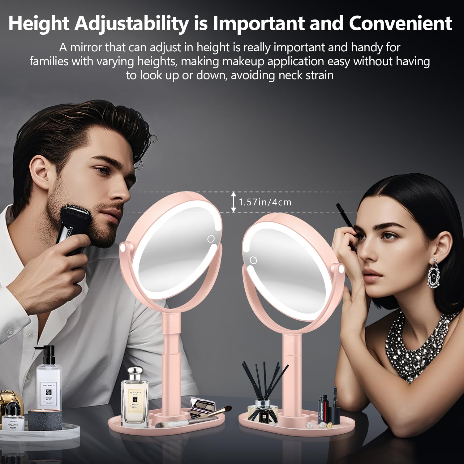 MIYADIVA Specchio per il trucco con luci, specchio ingranditore 20X con luce e interruttore touch, specchio cosmetico con luce a 3 colori e 80 LED, specchio da scrivania regolabile in altezza con luce