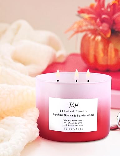 Miniatura 7 de Vela perfumada grande de lichi y guayaba y sándalo, velas de soja naturales de 3 mechas para el hogar, 15.8 onzas, vela calmante de aromaterapia,