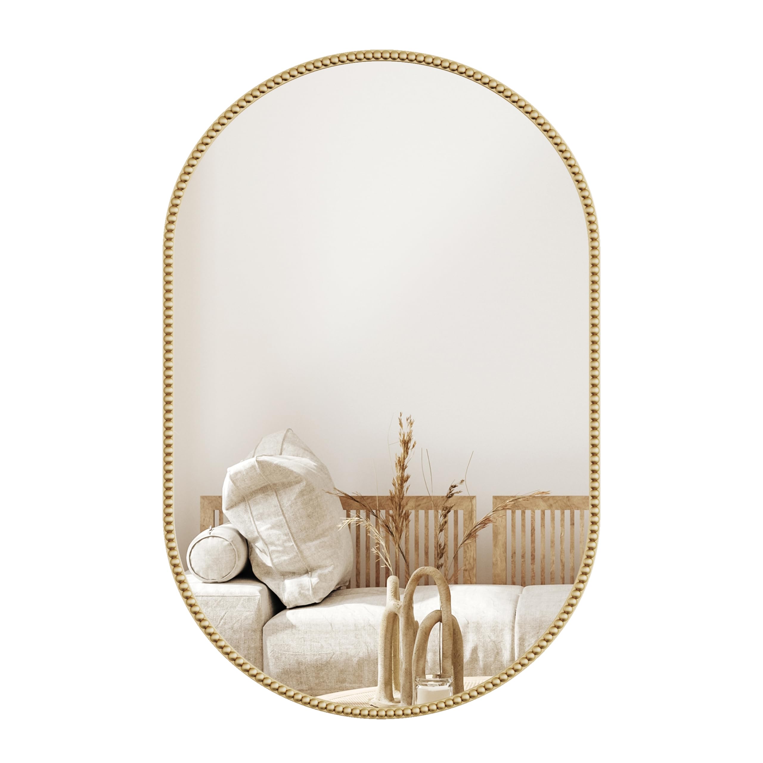 Arched Wall Mirror for Bathroom, 20"x30" Metal Beaded Frame Decorative Accent Mirror, Large Modern Distressed Hanging Wall Decor for Washroom, Bedroom, Living Room, Entryway, Antique Gold