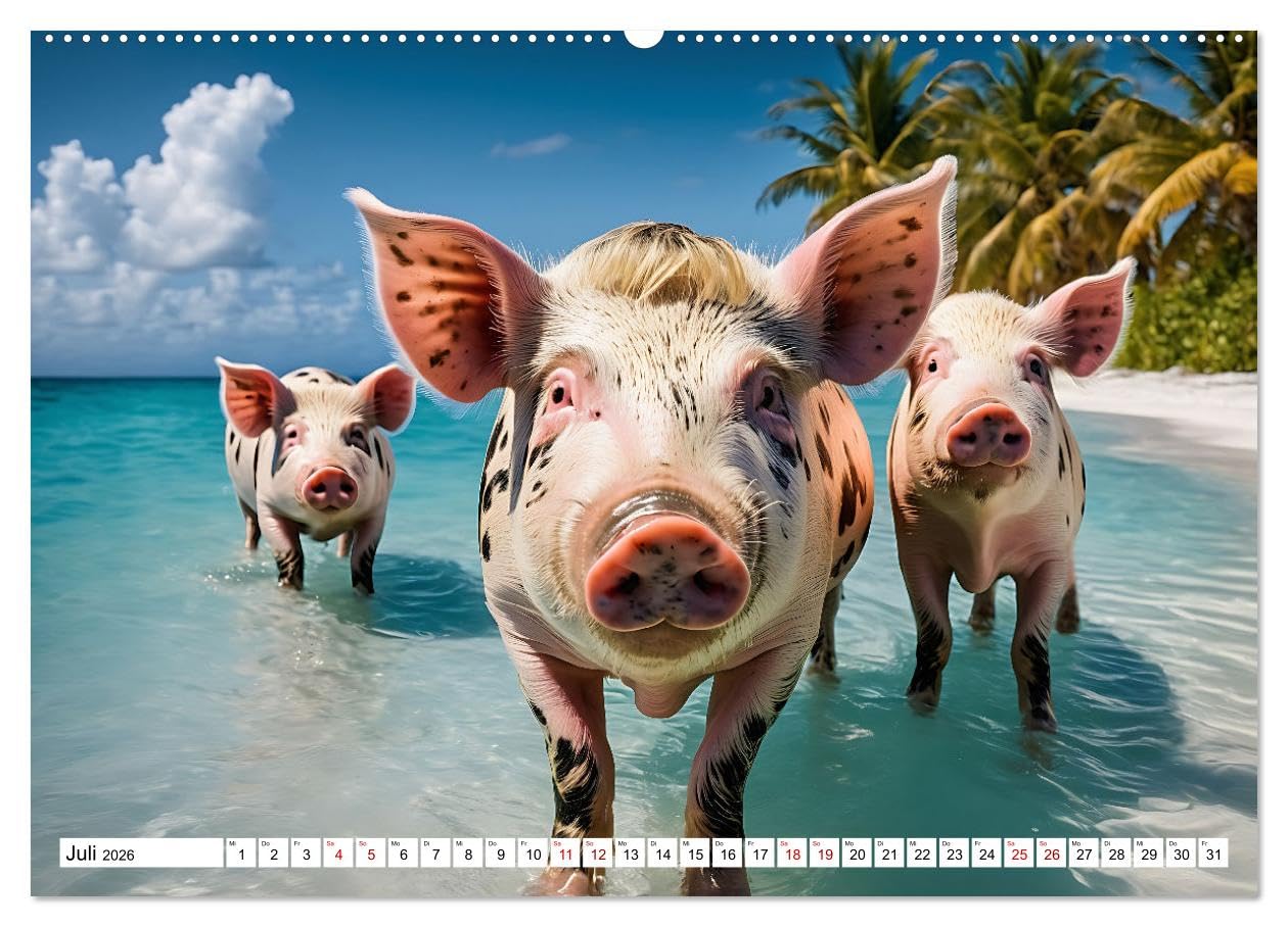 Schwimmende Schweine im Paradies (hochwertiger Premium Wandkalender 2026 DIN A2 quer), Kunstdruck in Hochglanz: Niedliche Schweinchen tummeln sich an ... in kristallklaren Gewässern (CALVENDO Tiere)
