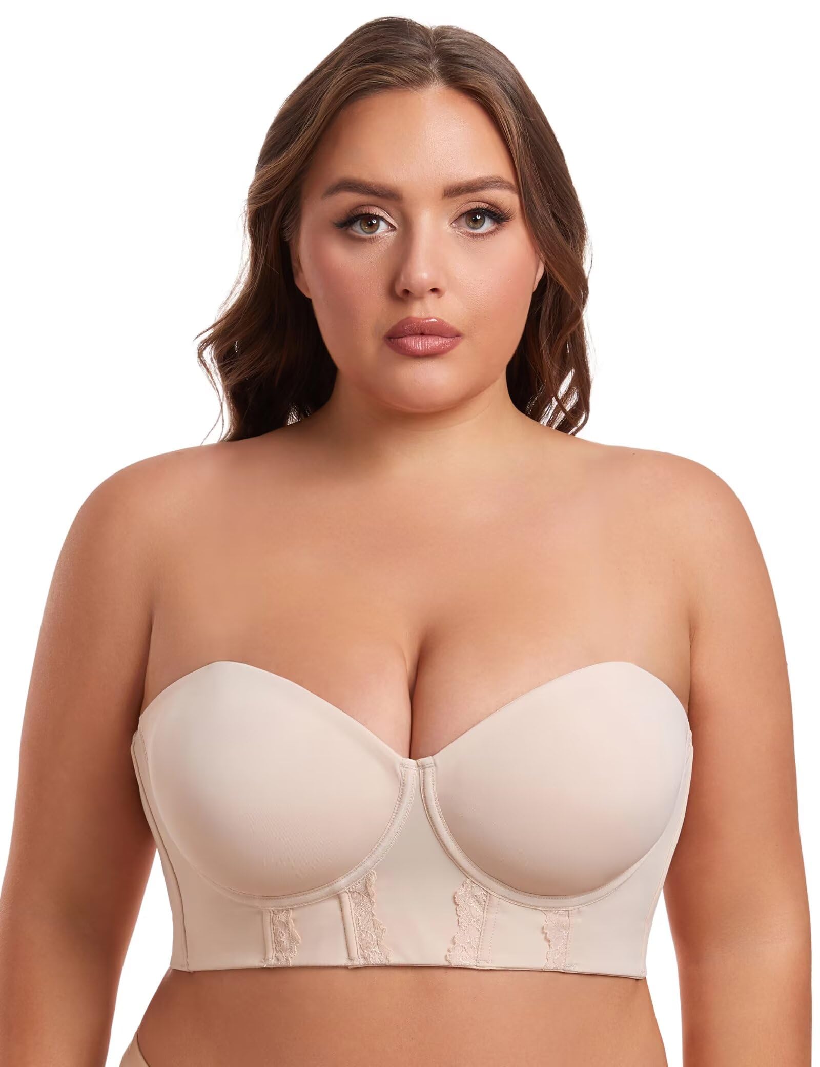 Women's Longline Strapless Bra Underwired Full Coverage Corset Bra Push Up Boned Hide Back Fat Beige 36DD