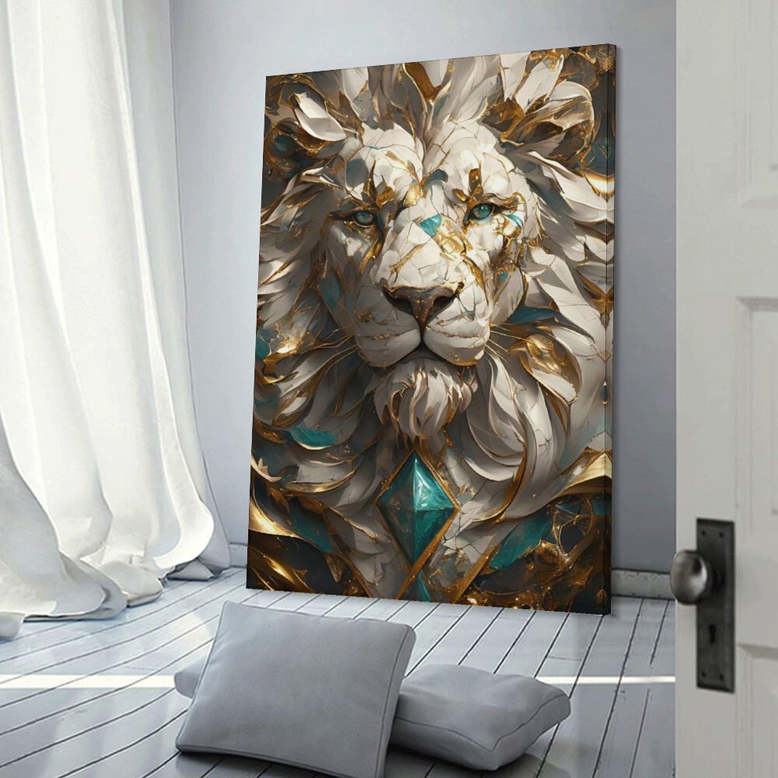 Junmoney Marble And Gold Lion Head Canvas Wall Decor 20x30inch(50x75cm), for Study, Office Or Focused Interiors, Wall Art That Adds Style to Work Areas