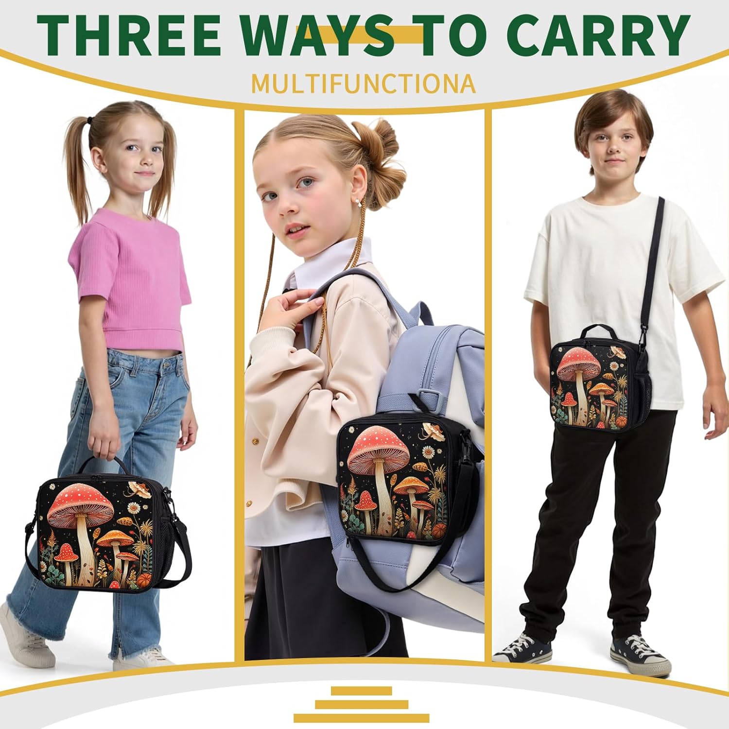 Mushroom Lunch Box Vintage Plant Forest Insulated Lunch Bag Cute Mushrooms Kids Lunchbox Reusable Lunch Cooler Tote Bag Thermal Lunch Pail for Work Picnic School - Image 3