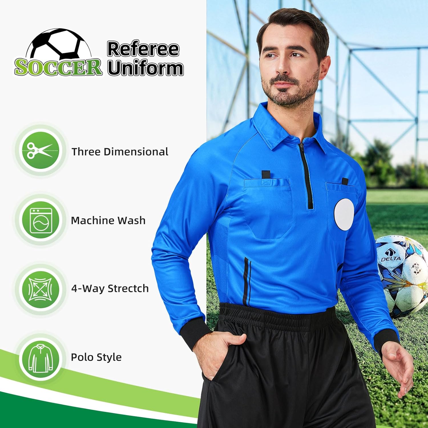 CUTIEHON Soccer Referee Jersey, Long Sleeve Official Pro Soccer Referee Shirt, Featuring a Badge Holder & Pockets - Image 2