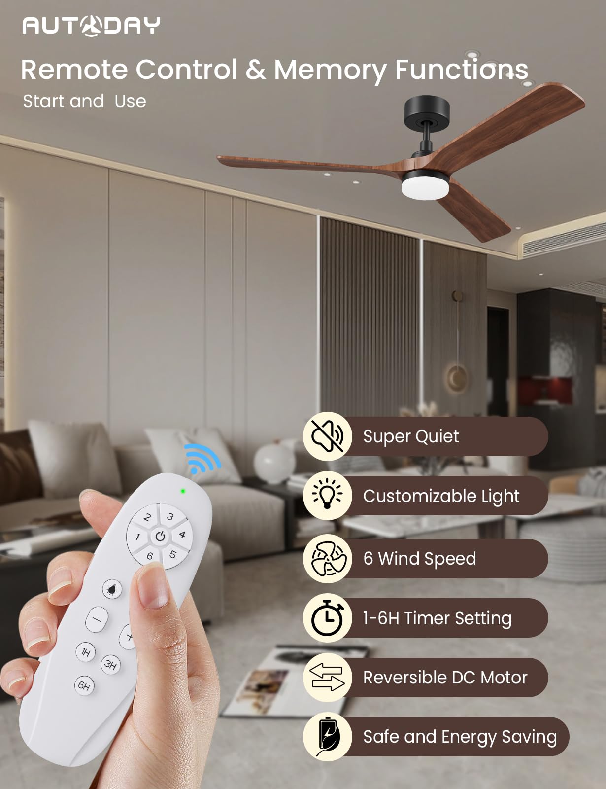 AUTODAY Legno Ventilatore da soffitto con luce 30W motore DC ultra silenzioso diametro 132cm con 3 pale reversibili Telecomando con funzione di memoria 6 velocità dimmerabile ventilatore soffitto