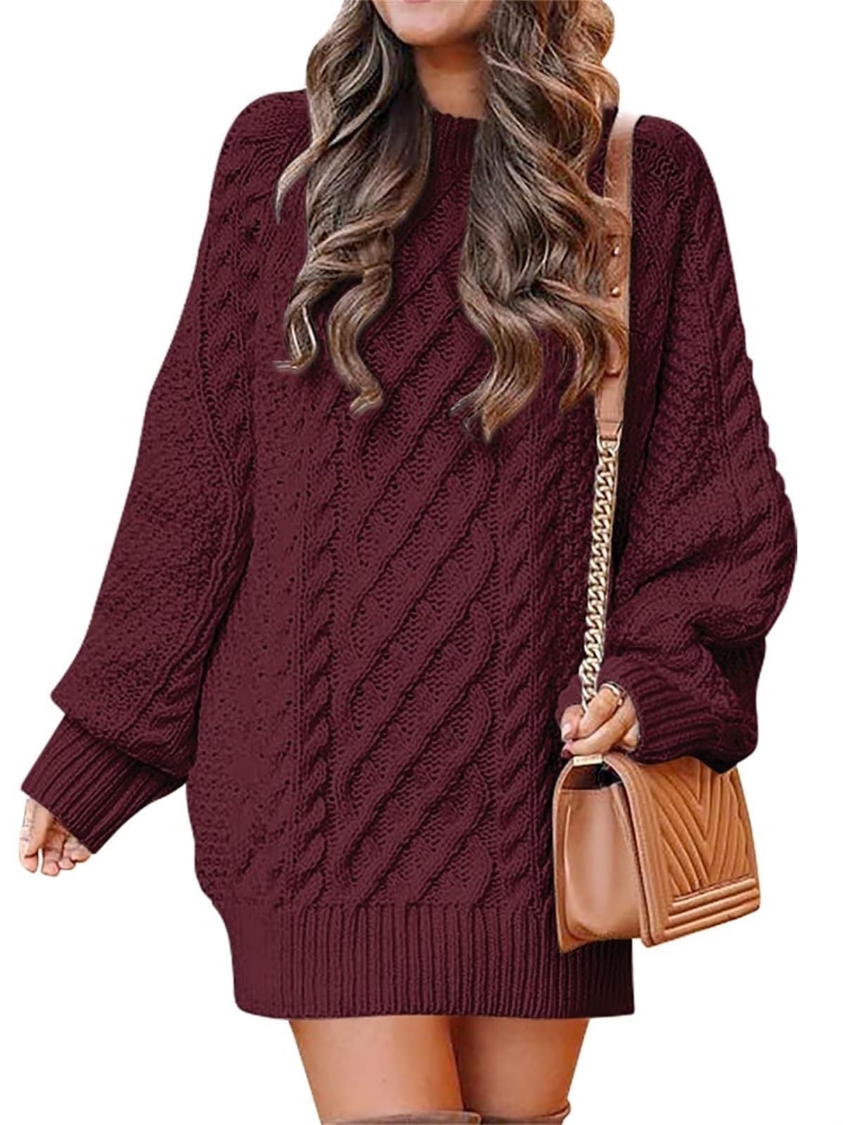 SINLEX Women Long Sleeve Oversized Cable Knit Chunky Baggy Loose Pullover Tunic Mini Sweater Dress Trendy Fall Outfits(Red,S)