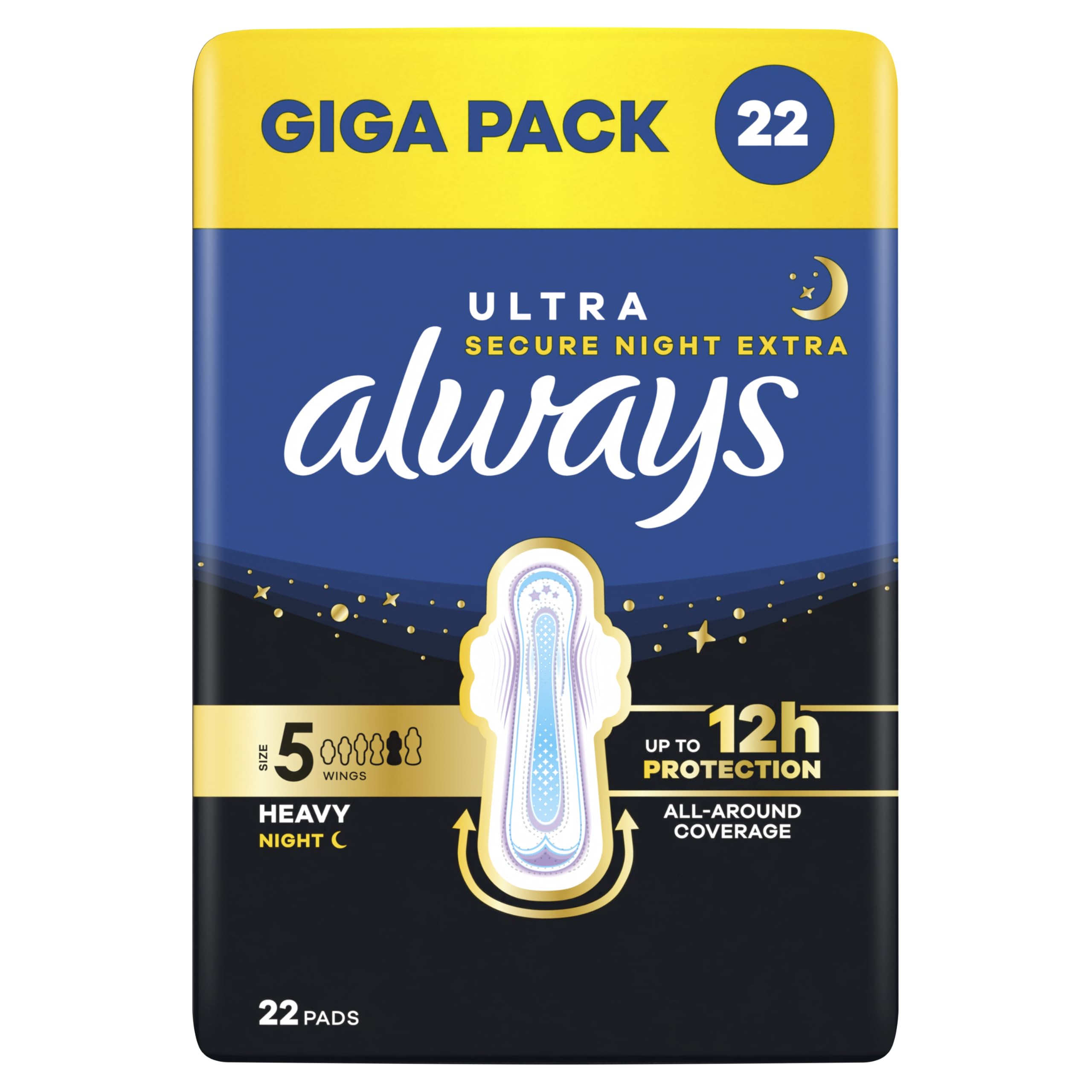 Always Ultra Binden damskie rozm. 5, Secure Night Extra (22 podpaski higieniczne ze skrzydłami), Giga Pack, cienkie i super chłonne, neutralizujące zapachy i ochrona przed wyciekiem