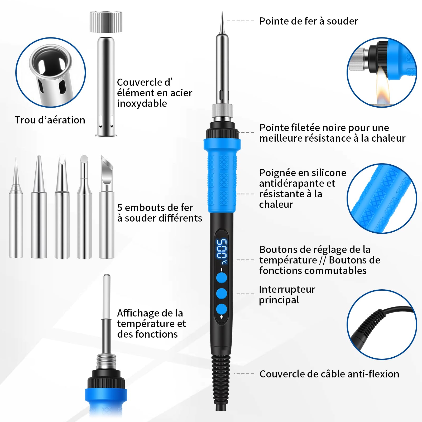 Fer A Souder Electronique De Precision Kit 90W Température Réglable 180-500°C Fer A Souder avec Interrupteur, 50g Pâte à Souder, Pompe à Dessouder, 5 Pointes, Support avec Éponge, 1.5M Fil de Soudure