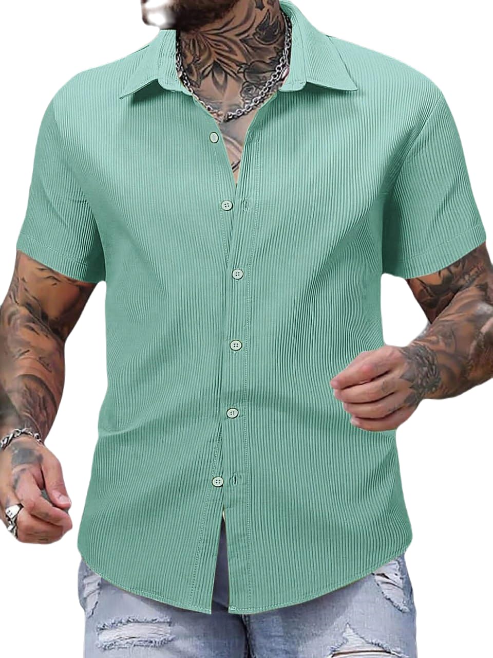 Vibegro Men's Shirt Solid Cod Ray Popcorn Cotton Relaxed Fit Short Sleeve Collared Neck Casual Lightweight Comfortable Shirt (K_S_0282)