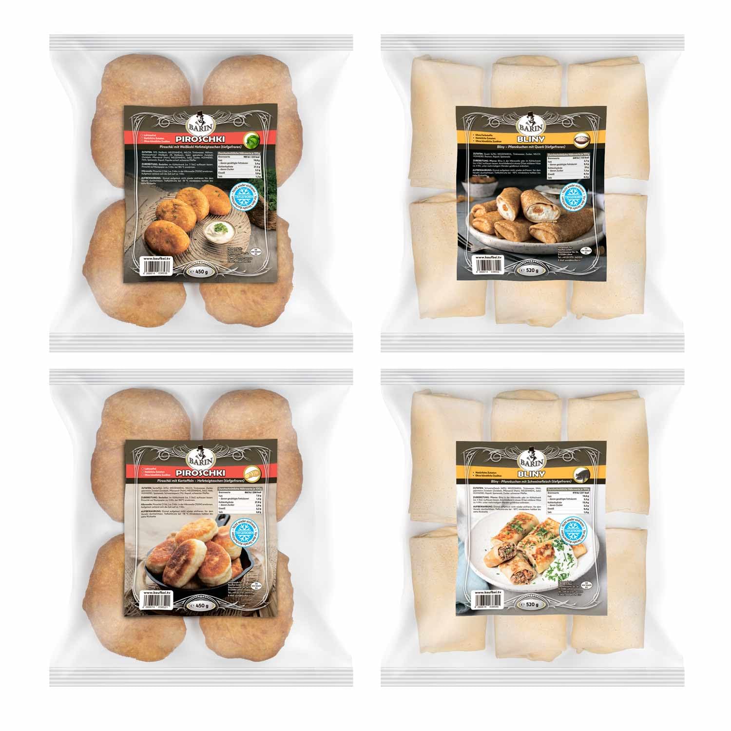 BARIN Maslenitsa Set 1940g Bliny und Piroschki 4 Sorten Tiefgefrorene Russische Spezialitäten mit Schweinefleisch Quark Kartoffel Weißkohl