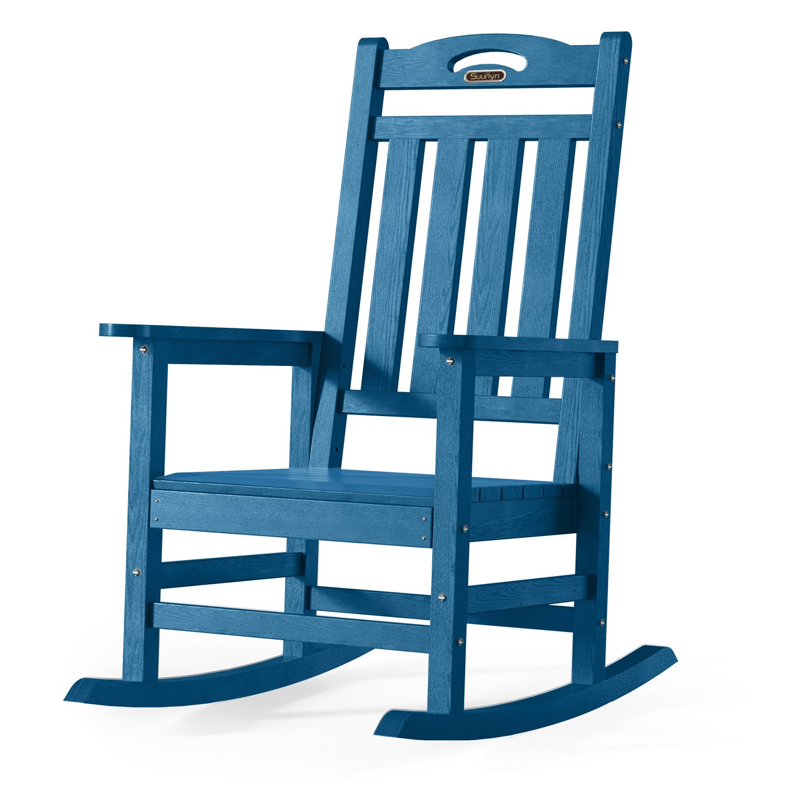 oversized outdoor rocking chair, high back porch rocker chair, hdpe all weather resistant rocking chairs for patio, 380lbs weight capacity, navy blue