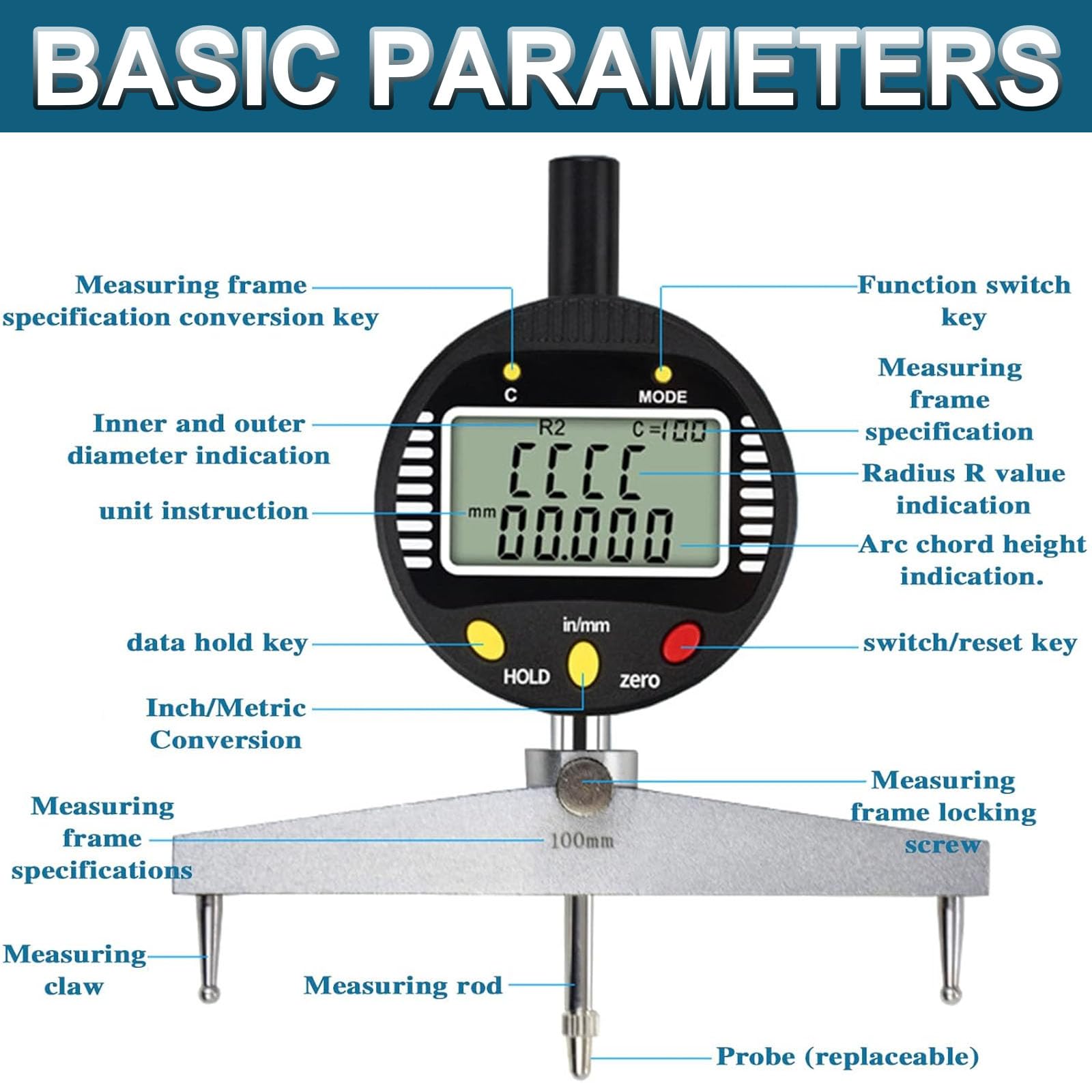 Calibrador Digital de radios Interiores y Exteriores, Calibre Digital de Gran Radio, con mordazas de 10 mm/20 mm/30 mm/60 mm/100 mm, para moldes de Madera