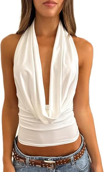 UAURORAO Women Cowl Neck Halter Tops Sexy Draped Front Low Cut Backless Tank Top Ruched Open Back Going Out Crop Tops