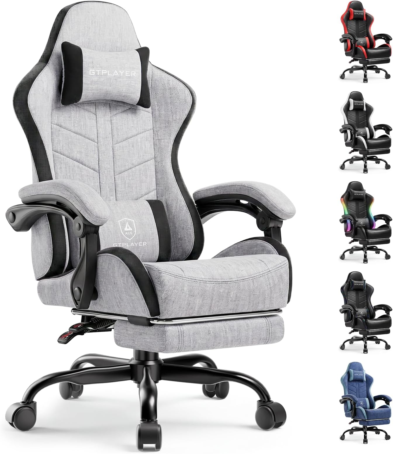 Gaming Chair with Footrest, Computer Gaming Chair for Adults and Kids, Height Adjustable Gamer Chair with 90-155° Recline & Removable Headrest Lumbar Support,Linen Fabric Gray-Black