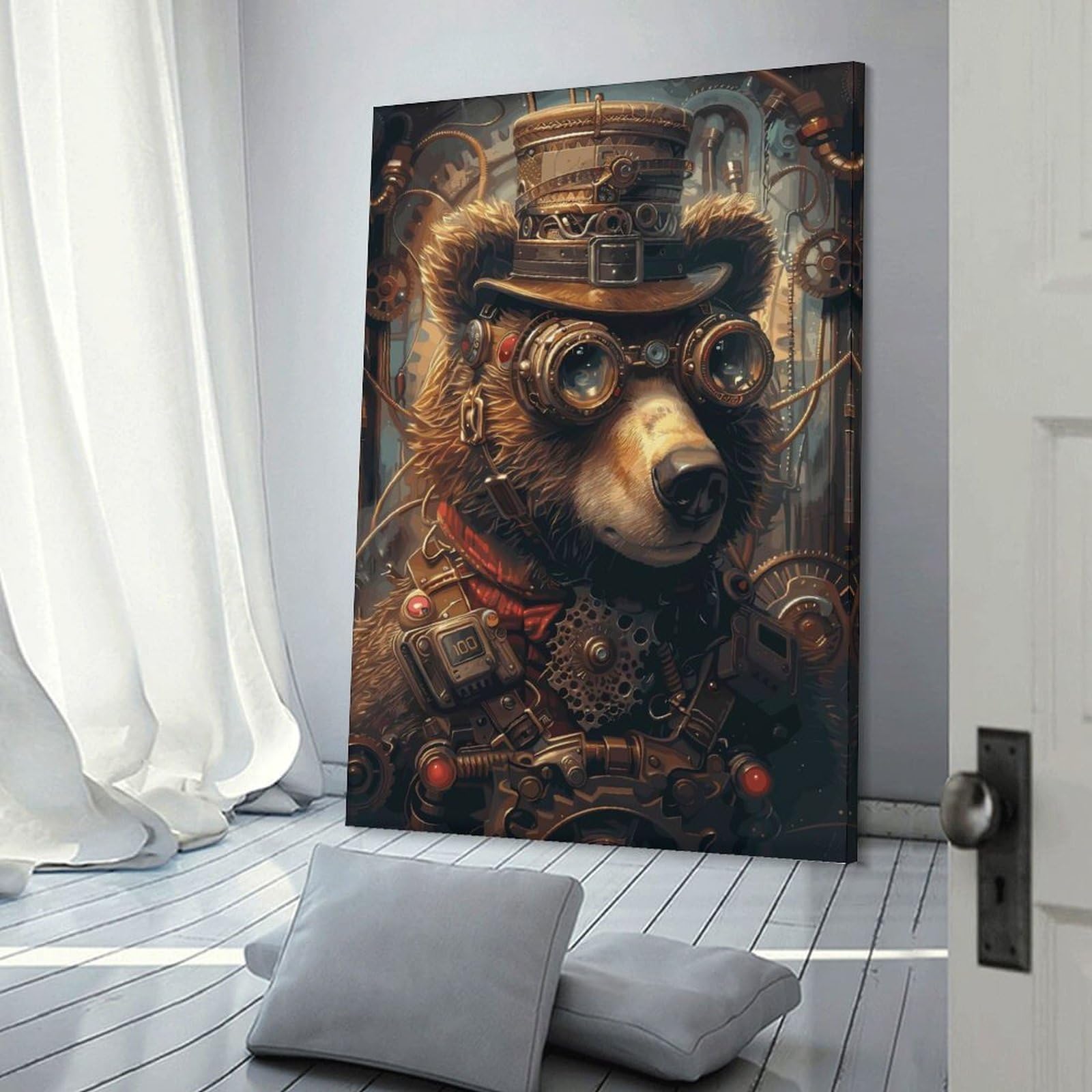 Junmoney Animal Steampunk Bear Home Decor Wall Art 24x36inch(60x90cm), for Restful Interiors, Bedrooms Or Small Rooms, A Warm Accent for Relaxed Interiors