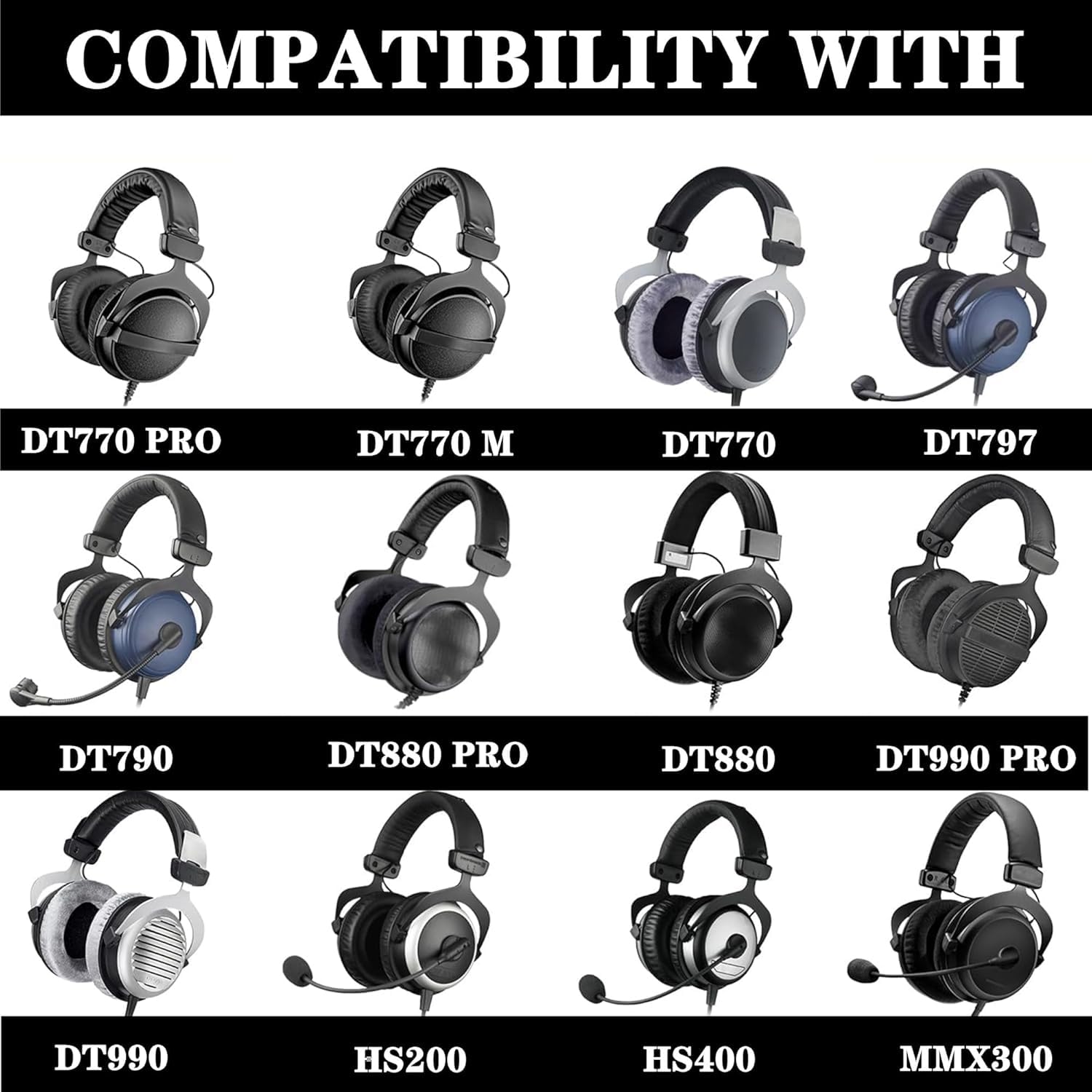 DT770 pro wymienne nauszniki kompatybilne z Beyerdynamic MMX300, DT770, DT880, DT990, Custom One Pro, opaski na głowę - czarne
