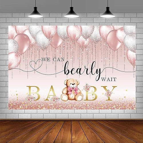 Miniatura 3 de Telón de fondo para baby shower de oso de 7 x 5 pies para niña, We Can Bearly Wait to Meet You con globos rosados, flores de oro rosa con purpurina