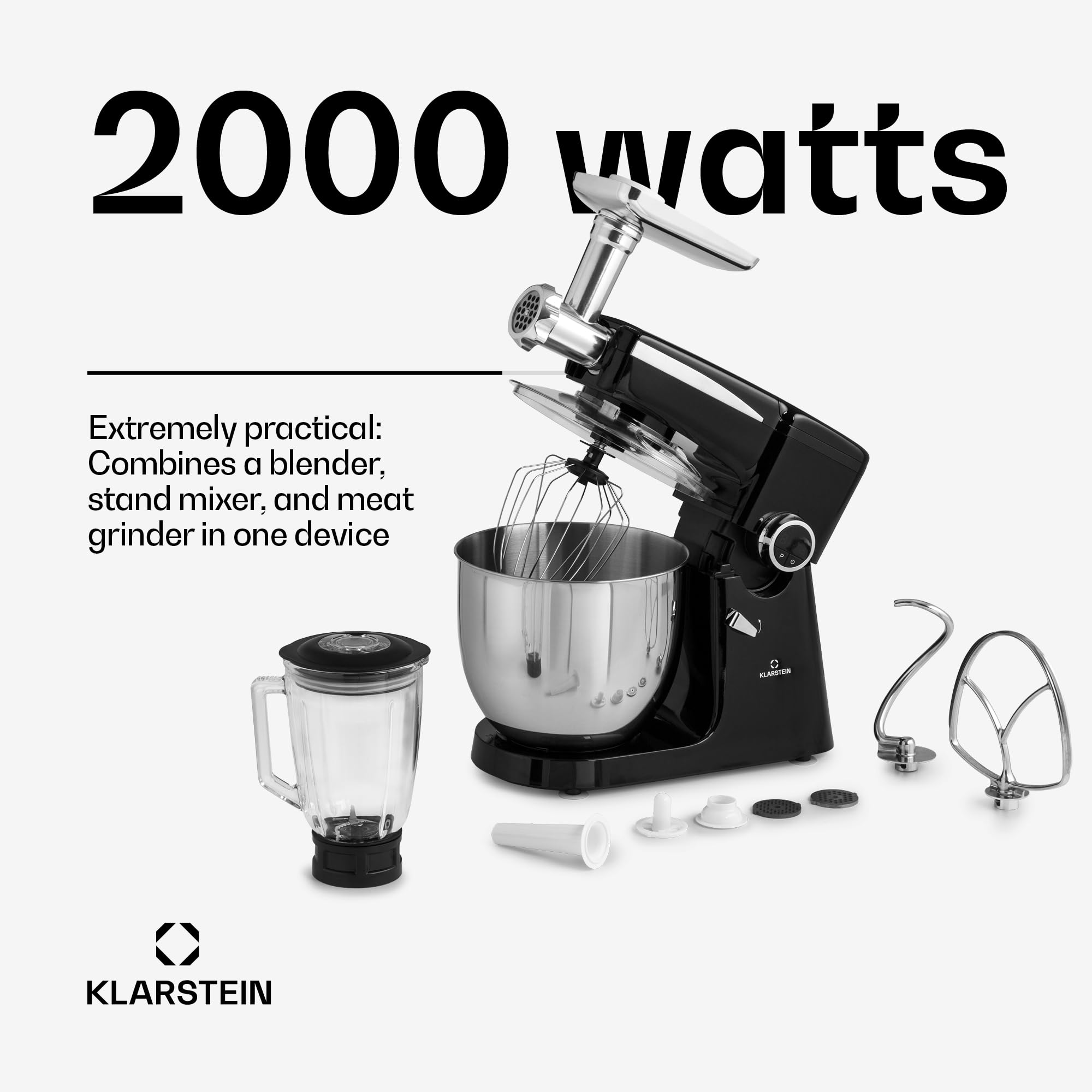 Klarstein Robot kuchenny, uniwersalny robot kuchenny, 3 w 1, mikser i miksery, maszyna do robienia ciasta z maszynką do mięsa, robot kuchenny, maszyna do ugniatania ciasta, miska 10 l, 2000 W