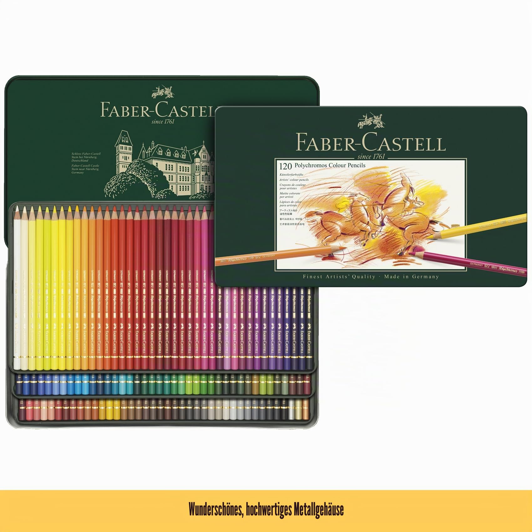 Faber-Castell A4 Skizzenblock & Dose mit 120 Polychromos Künstlerstiften, Kunstset Erwachsene Malbücher, Bastelbedarf, Zeichnen, Skizzieren, lichtecht, Schulen, Zuhause, College