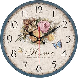 Yeyo Simple European Style Flowers Wall Clock Frameless Wooden MDF Waterproof Silent Art Decor for Home Living Room Office Decoration (12inch)