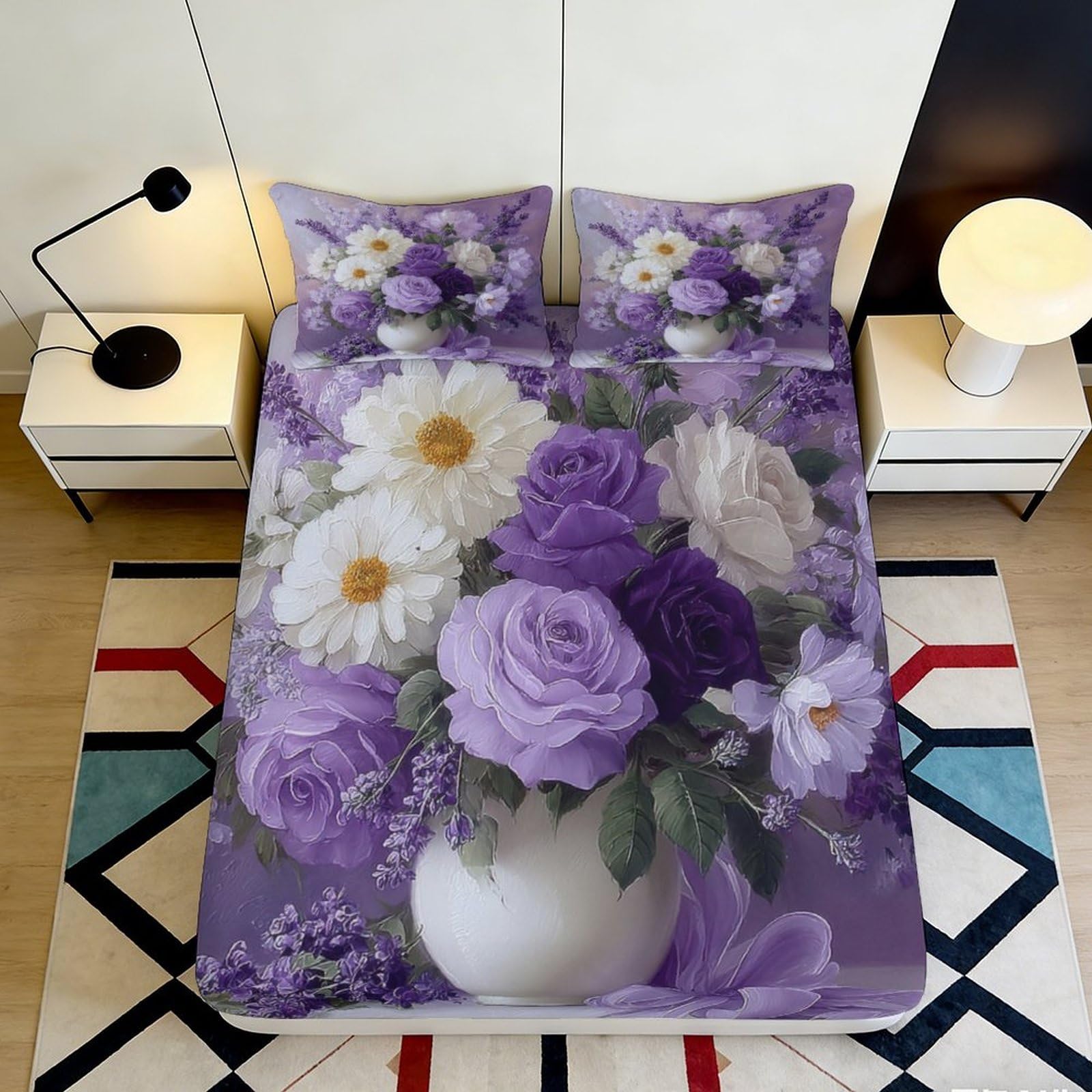 3D Printed Purple Floral Fitted Sheet Microfiber Soft Breathable White Daisy Bed Cover for Bedroom Dormitory Guest Room Mattress Protection 140x200x25cm