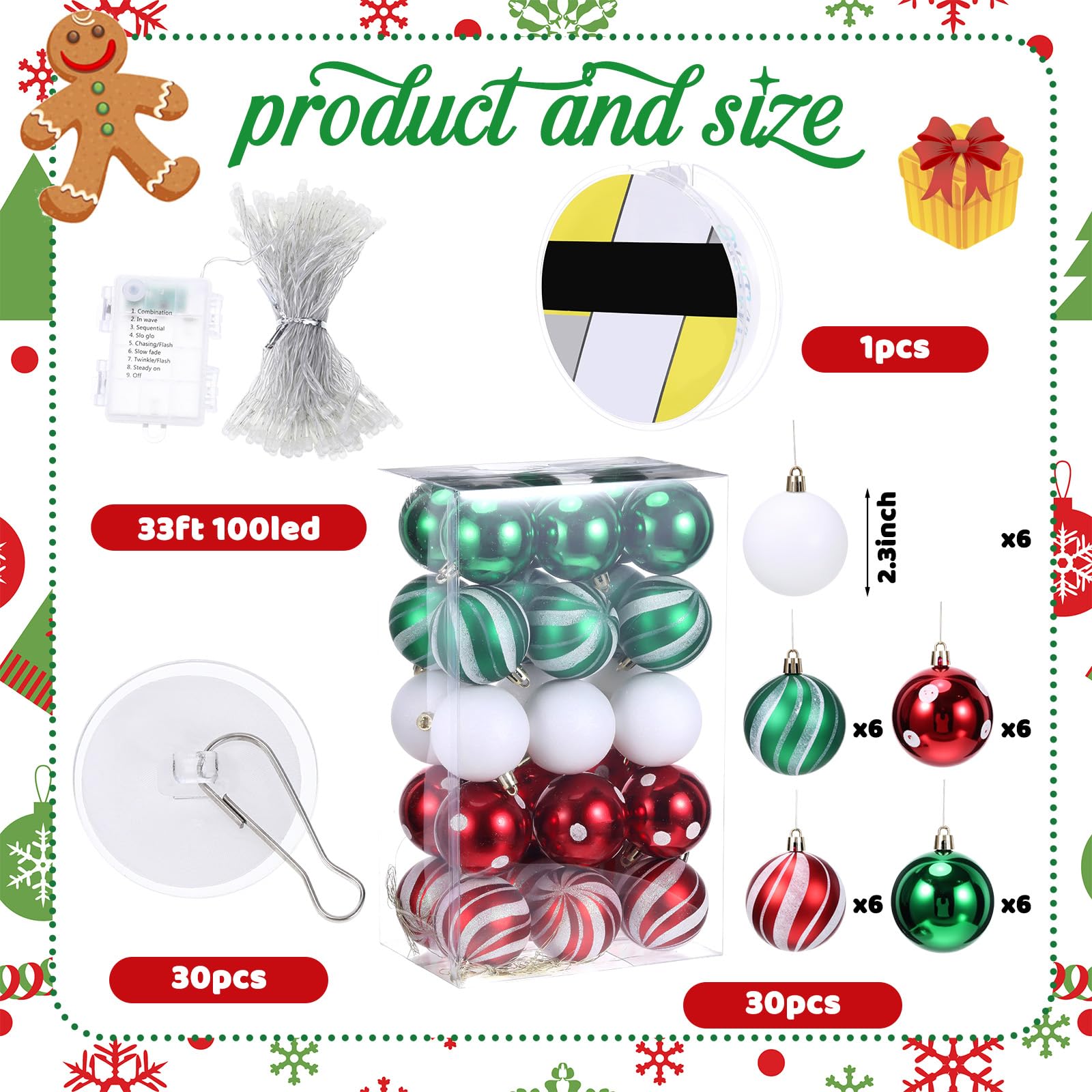 Soulchen Lot de 30 boules de Noël à suspendre au plafond avec guirlande lumineuse de 10 m avec 100 LED et crochets pour Noël, fête de vacances, intérieur ou extérieur, décoration de cour