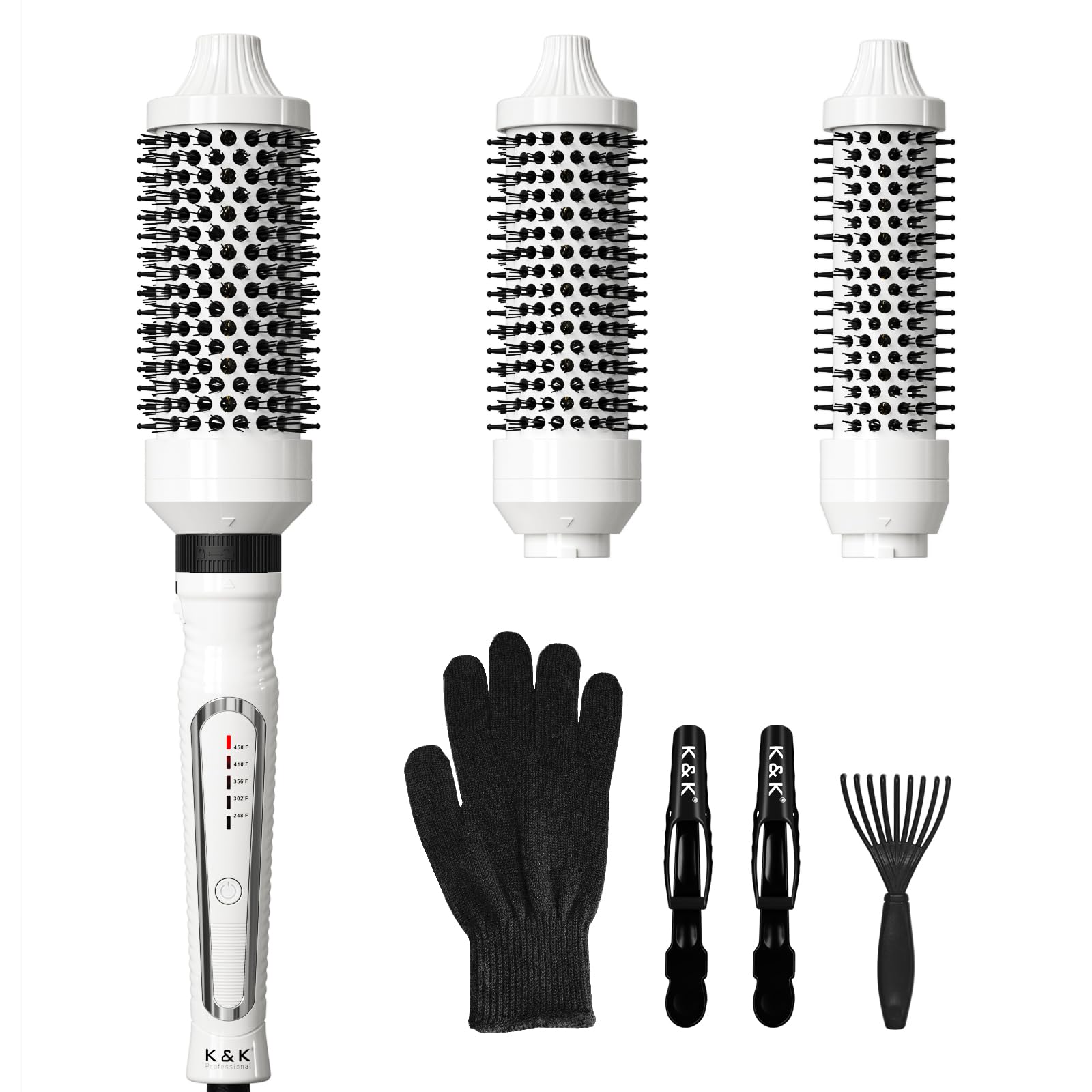 K&K 3 in 1 Thermal Brush Set, Ceramic Hot Brush, Fast Heating Curling Wand for Short, Medium & Long Hair, 5 Temperature Adjustment, Dual Voltage