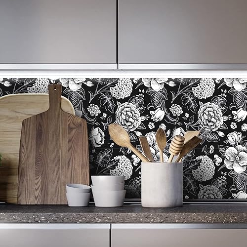 Miniatura 3 de Papel tapiz vintage moderno en blanco y negro, papel tapiz floral, autoadhesivo, prepegado, papel tapiz removible (17.7 x 118.1 pulgadas,