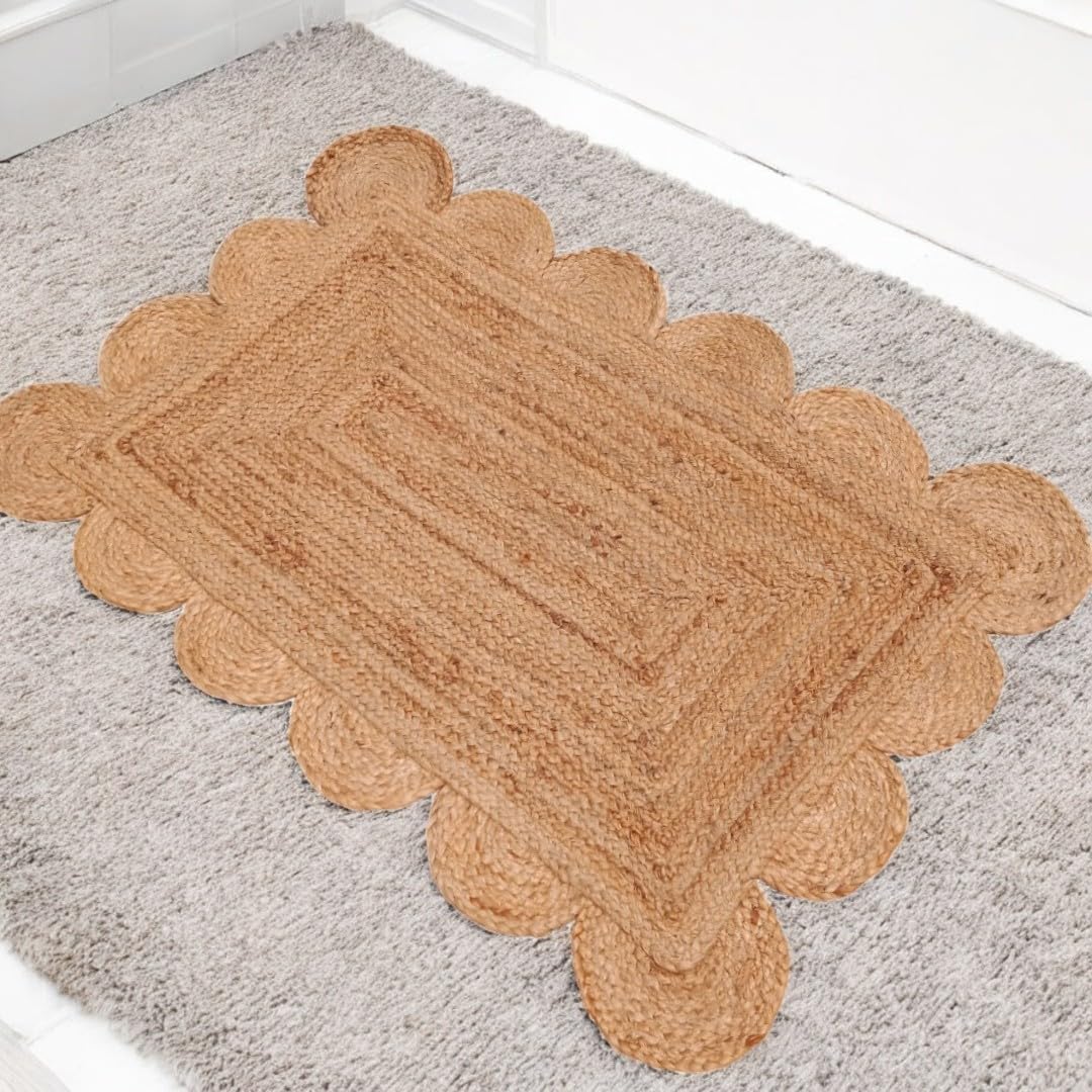 knight fury Scalloped Natural Jute Area Rug, Hand Woven Classic Rug Kitchen Rugs, Rugs for Living & Bedroom (2x3 ft)