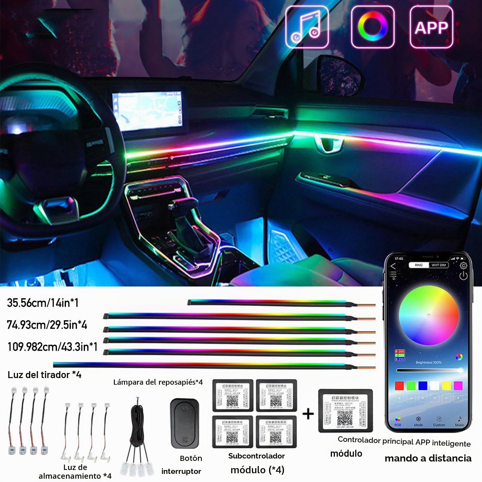 Iluminación interior LED para coche, tira de iluminación ambiental acrílica para coche, con 593 LEDs, kit de iluminación ambiental de fibra óptica, 16 millones de colores, función activa de sonido
