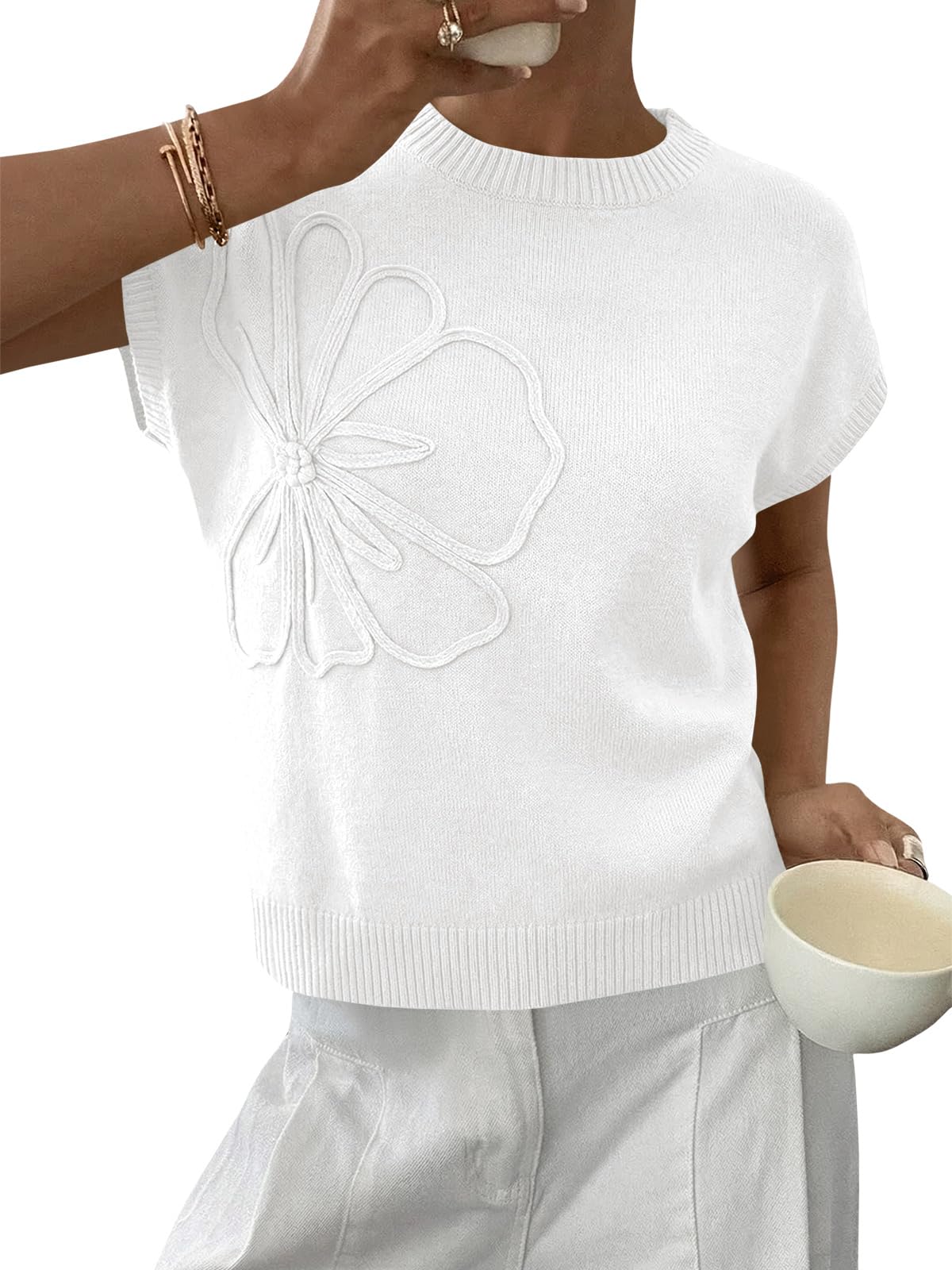 Saodimallsu Womens Short Sleeve Sweater Trendy Floral Pullover Sweaters Summer Casual Crewneck Lightweight Knit Tops