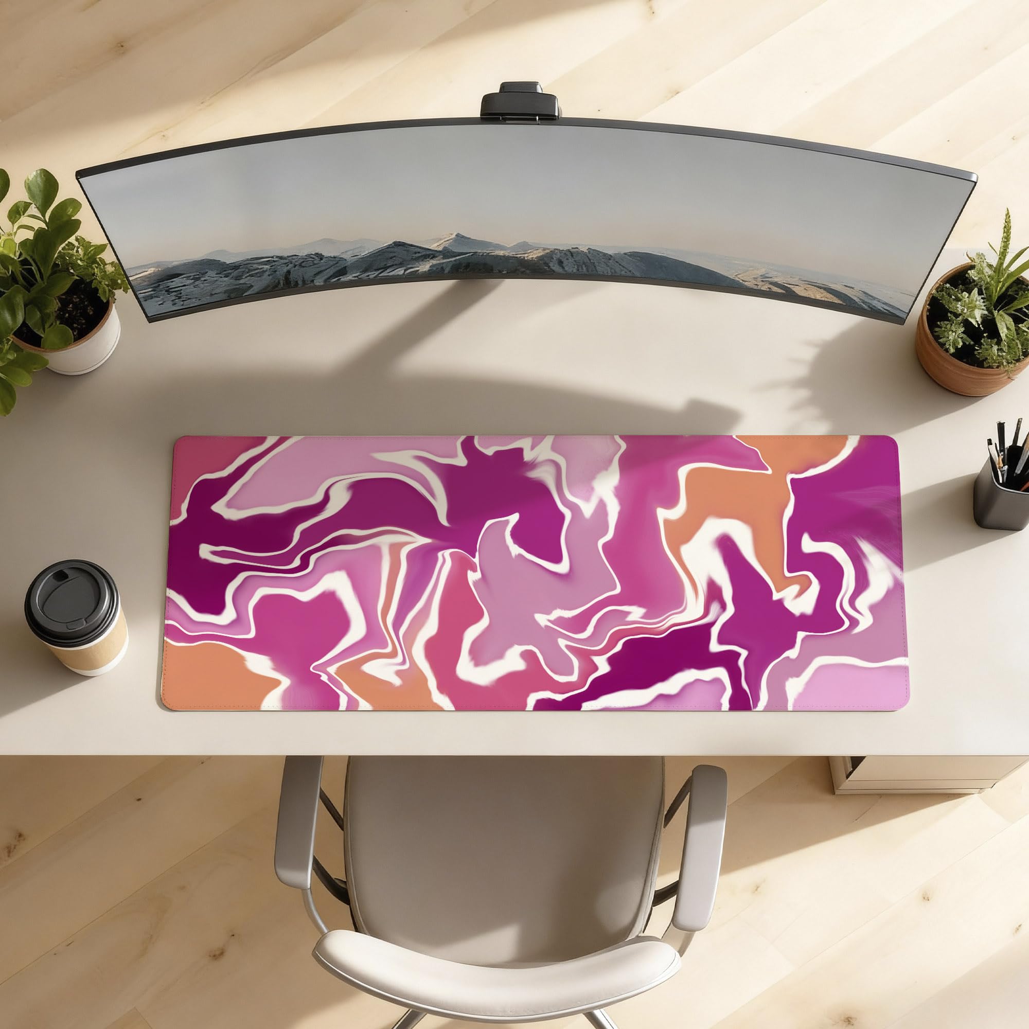 SoulAbiti Sweet Pink Peach Liquid Melt Extended Desk Pad (36x14 Inch) - Fluid Art XXL Mouse Pad - Non-Slip Rubber Base & Stitched Edges 1