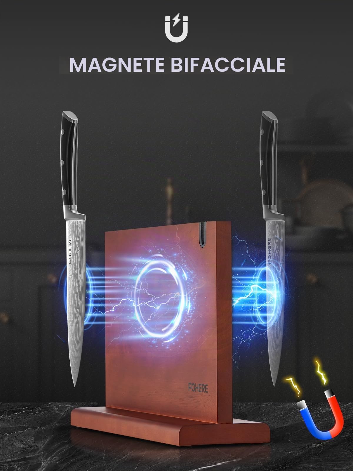 FOHERE Set di Coltelli da Cucina 7 Pezzi in Acciaio Inossidabile, Set di Coltelli con Ceppo Portacoltelli Doppio Lato Magnetico, Coltello da Cucina con Porta coltelli Magnetico in Acacia
